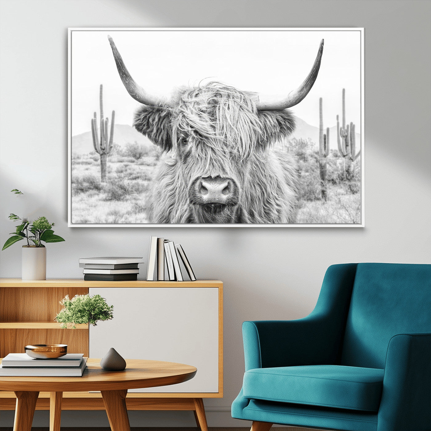 94579-MGV-CV-36X24-Highland Cow Wall Art – Black and White Longhorn Canvas Print, Rustic Western Farmhouse Animal Photography for Living Room,