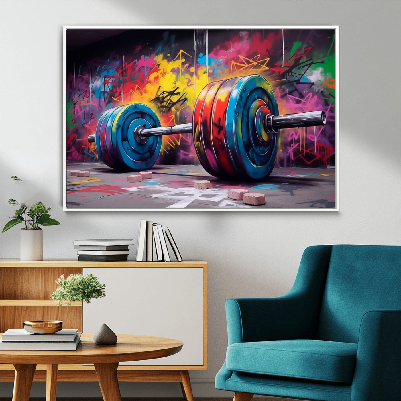 13549-MGV-CV-36X24-Graffiti Gym Wall Art Canvas Print, Framed Graffiti Barbell Art Picture Print, Weightlifting Perfect Fitness Studio Decor Artwork