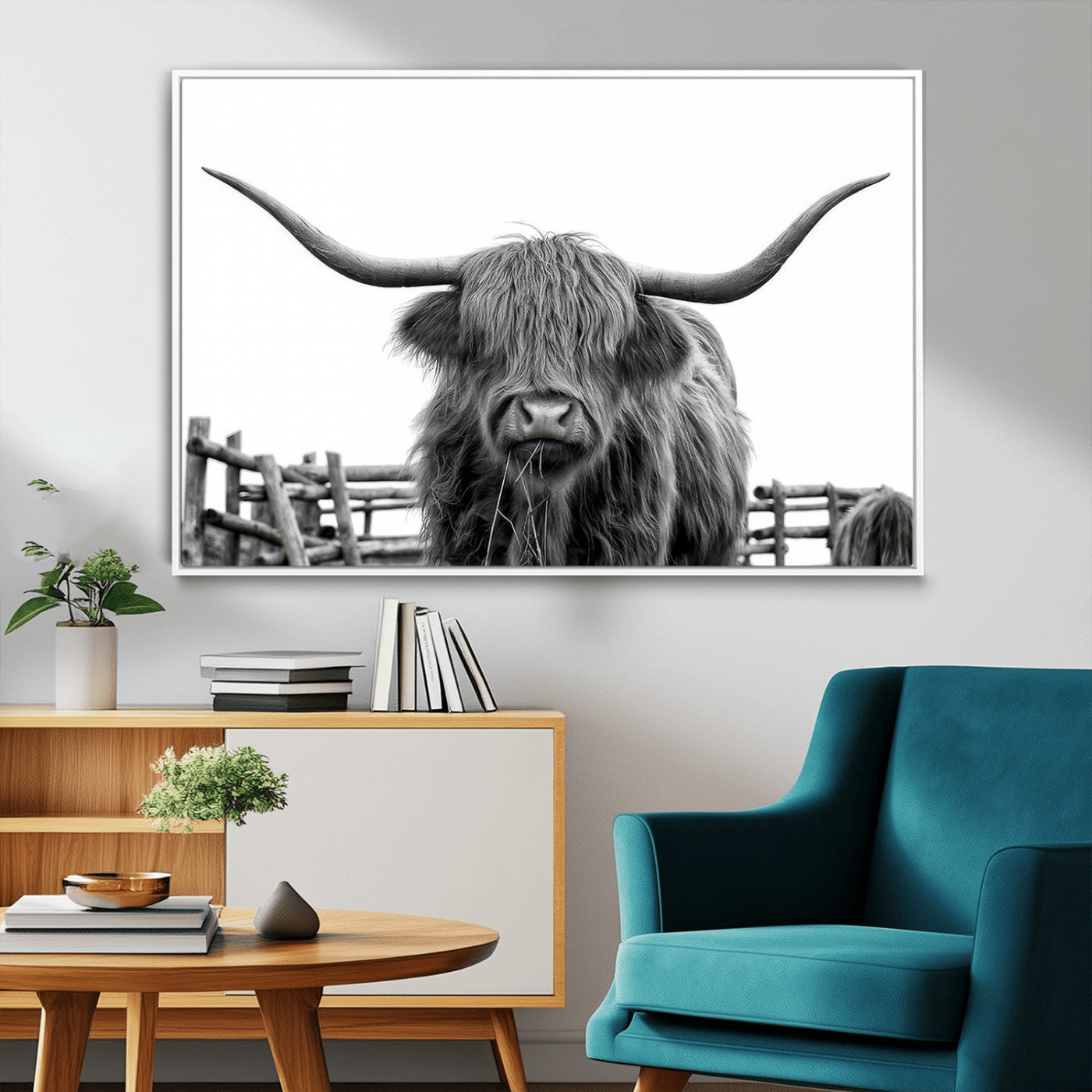 58188-MGV-FC-36X24_White-Highland Cow Wall Art – Black and White Rustic Farmhouse Canvas Print, Longhorn Cattle Photography Decor for Living Room or