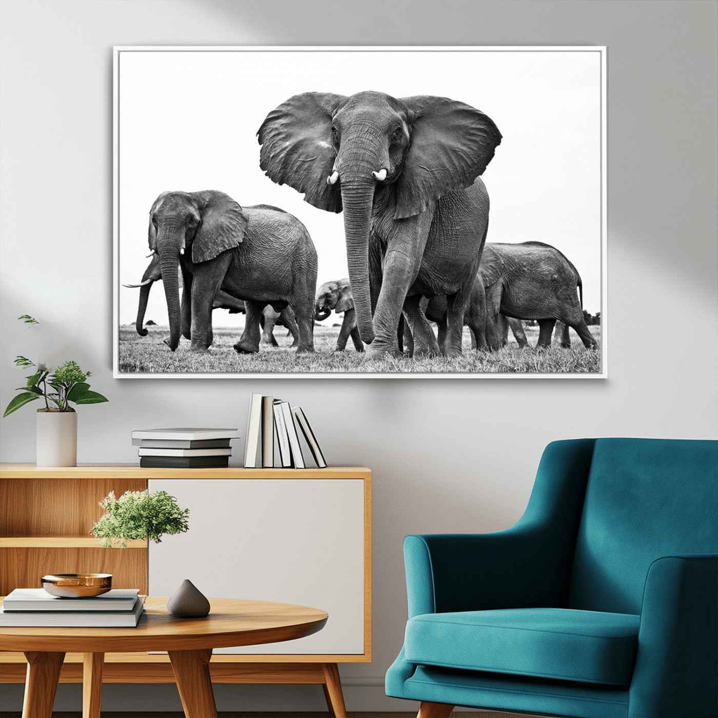 91685-MGV-FC-36X24_White-Elephant Herd Wall Art – Black and White Safari Canvas Print, African Wildlife Photography Decor for Living Room, Office or