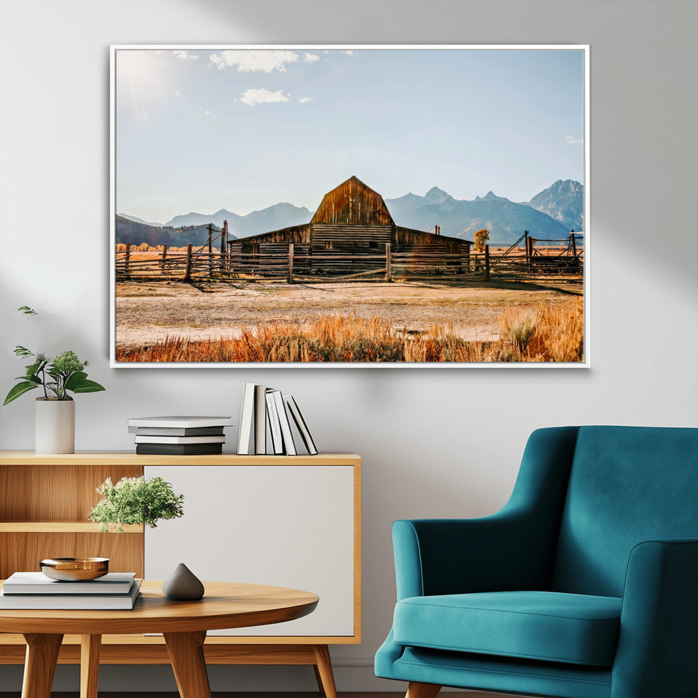 26513-MGV-CV-36X24-Rustic Barn Wall Art – Vintage Farmhouse Canvas Print with Mountain Landscape, Western Country Wall Decor for Living Room, Office