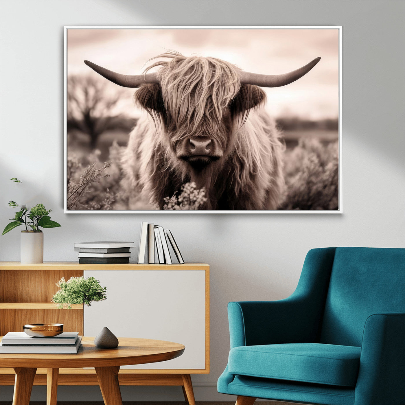 55903-MGV-CV-36X24-Highland Cow Wall Art – Rustic Sepia Scottish Highland Bull Canvas Print, Farmhouse Country Animal Decor for Living Room, Bedroom