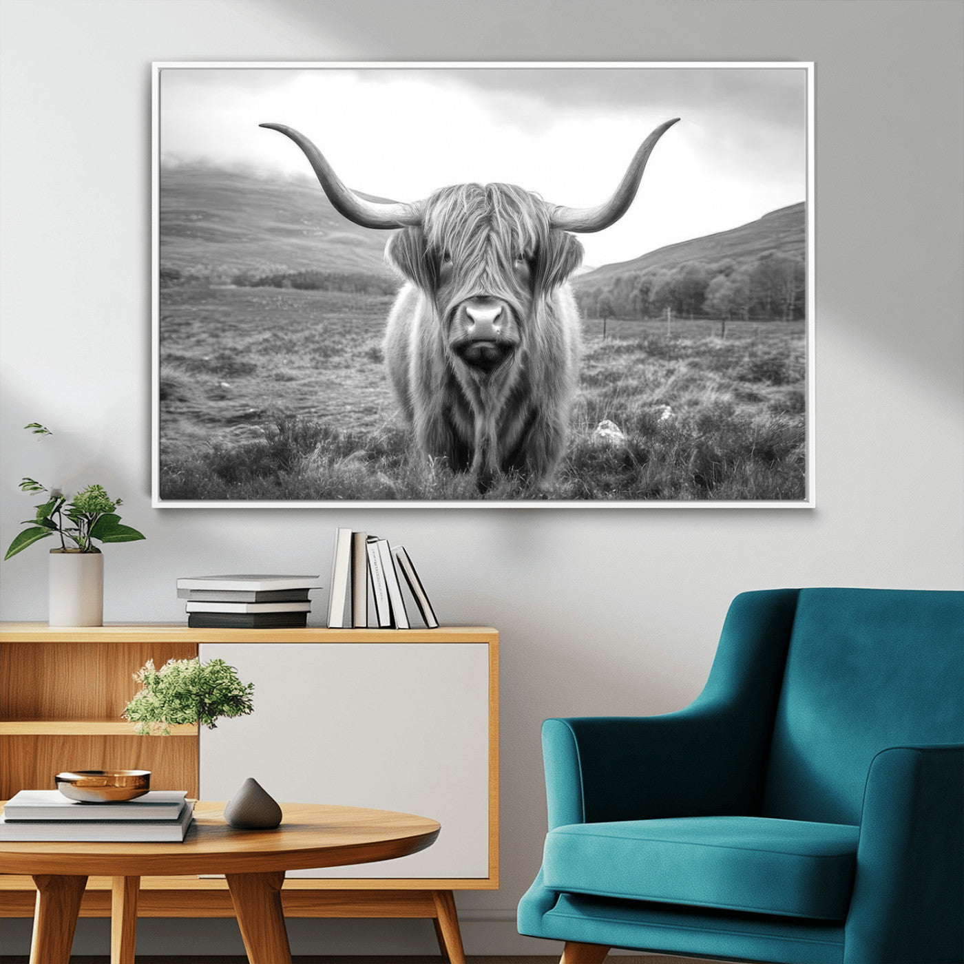 52903-MGV-CV-36X24-Highland Cow Wall Art – Black and White Canvas Print Rustic Cattle Portrait, Farmhouse Country Decor for Living Room, Office,