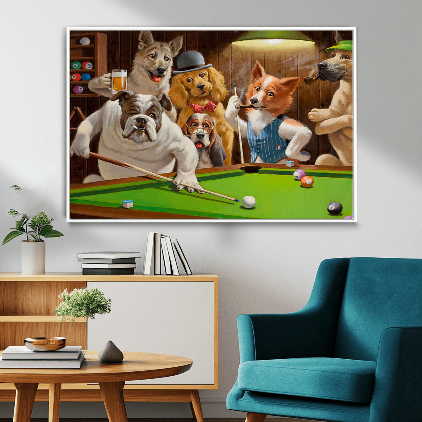 34228-MGV-CV-36X24-Dogs Playing Pool Wall Art Canvas Print, Framed Funny Dog Art Picture Print, Dog Perfect Game Room Decor Artwork