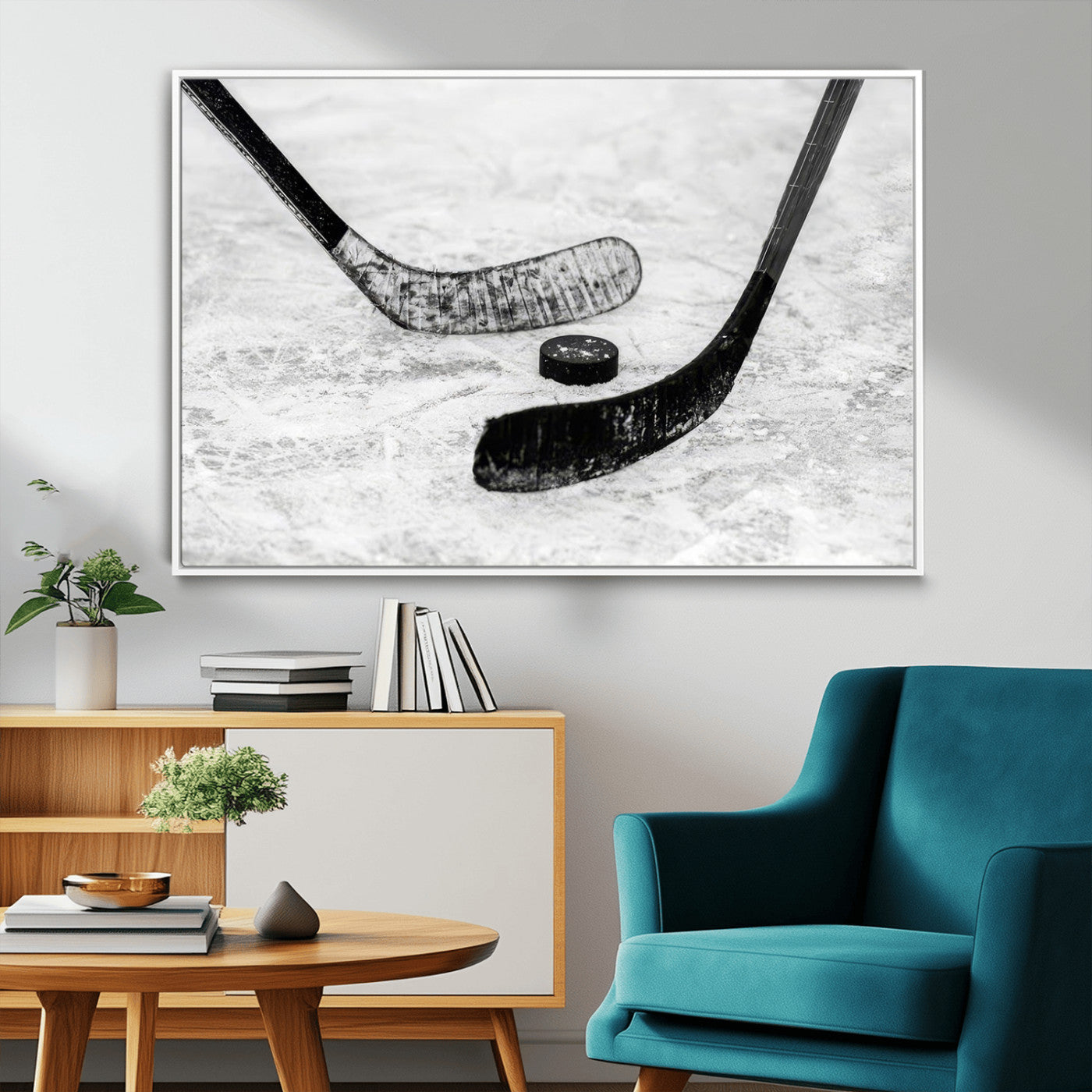 82900-MGV-FC-36X24_White-Hockey Wall Art – Black and White Canvas Print Ice Rink Sticks Puck Sports Photography, Modern Decor for Game Room, Man Cave,