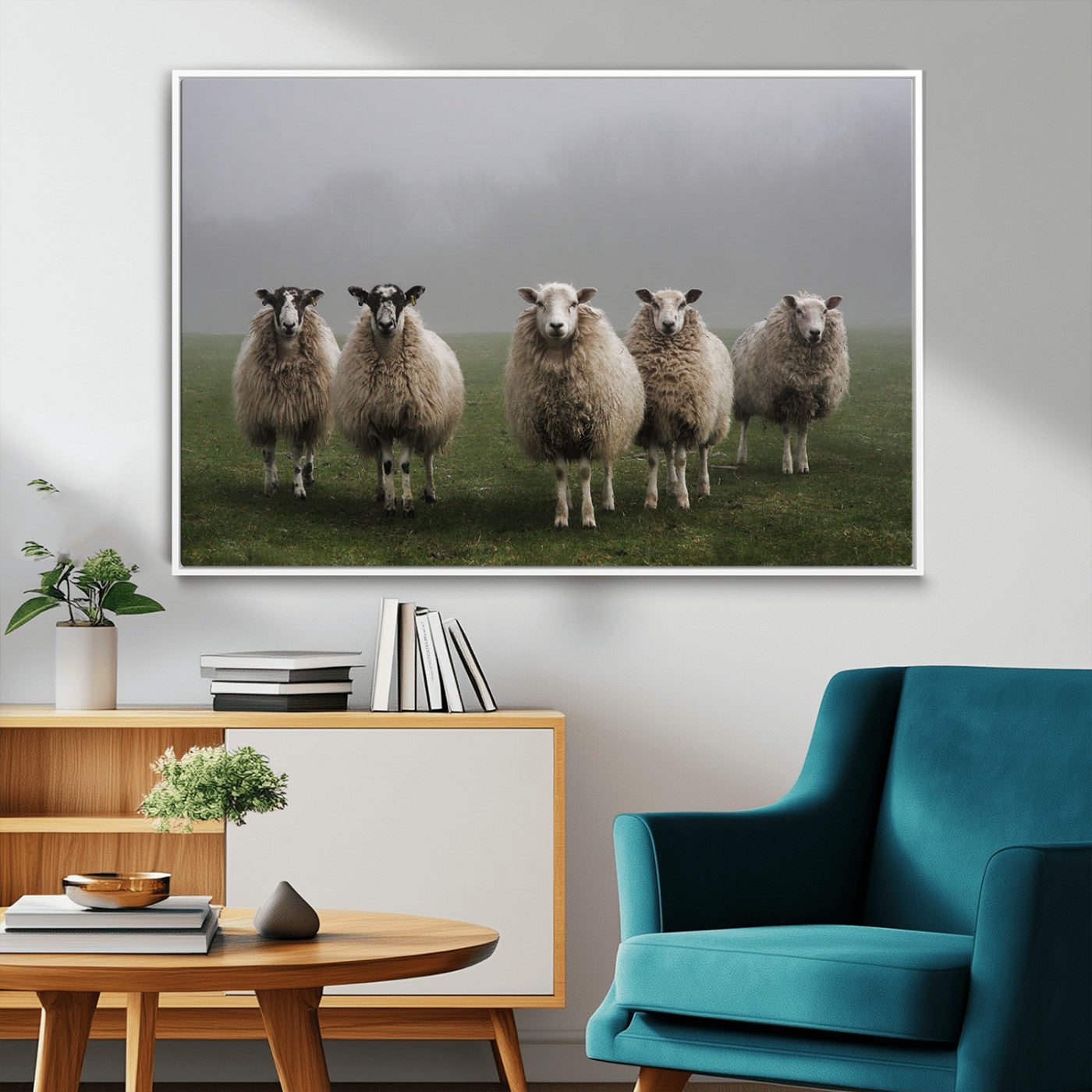 87339-MGV-CV-36X24-Sheep Wall Art – Rustic Farmhouse Canvas Print Flock Standing Misty Field Countryside Photography, Country Animal Decor for Living