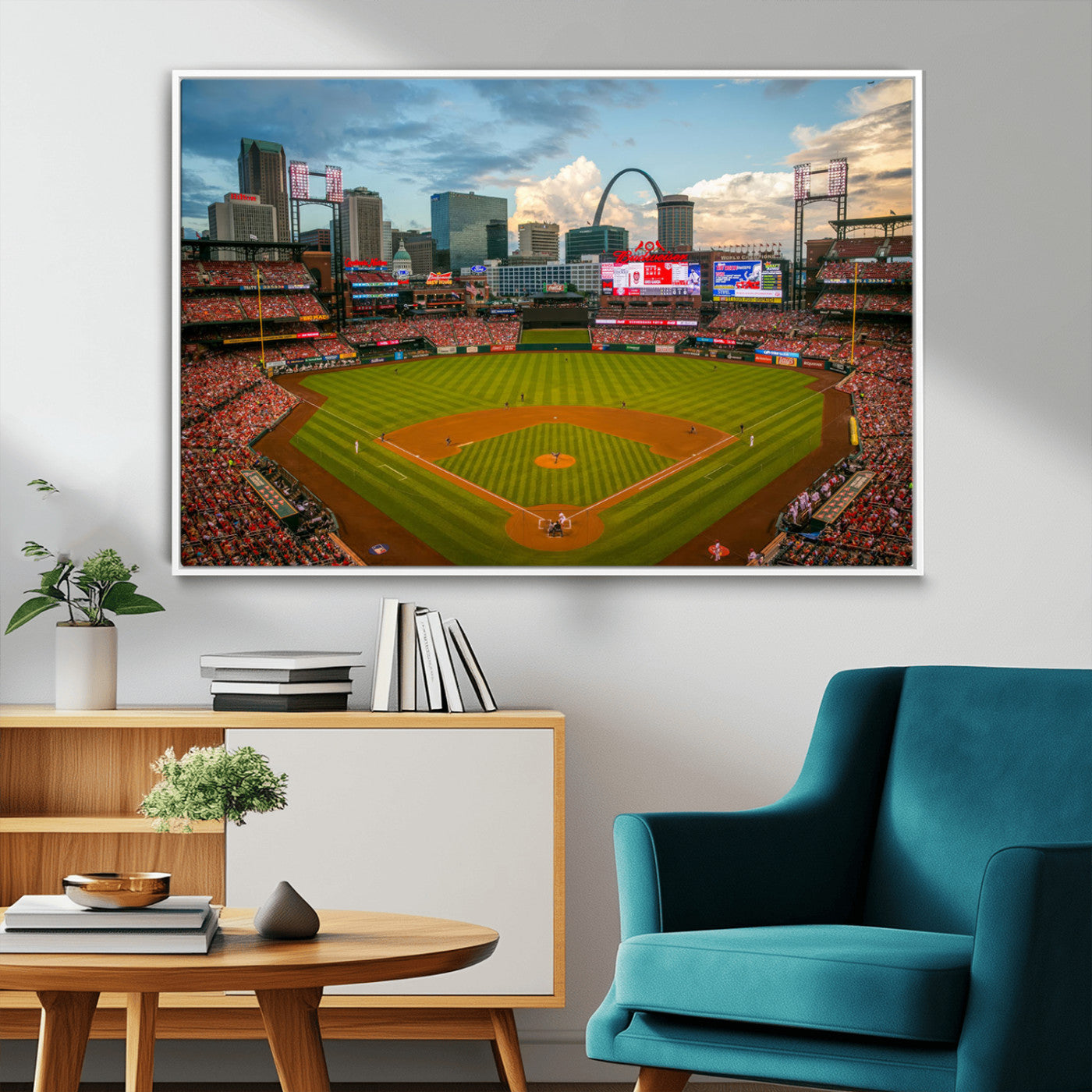 91908-MGV-CV-36X24-Baseball Stadium Wall Art – Canvas Print Game Day Field City Skyline Iconic Arch Scene Sports Photography, Decor for Game Room,