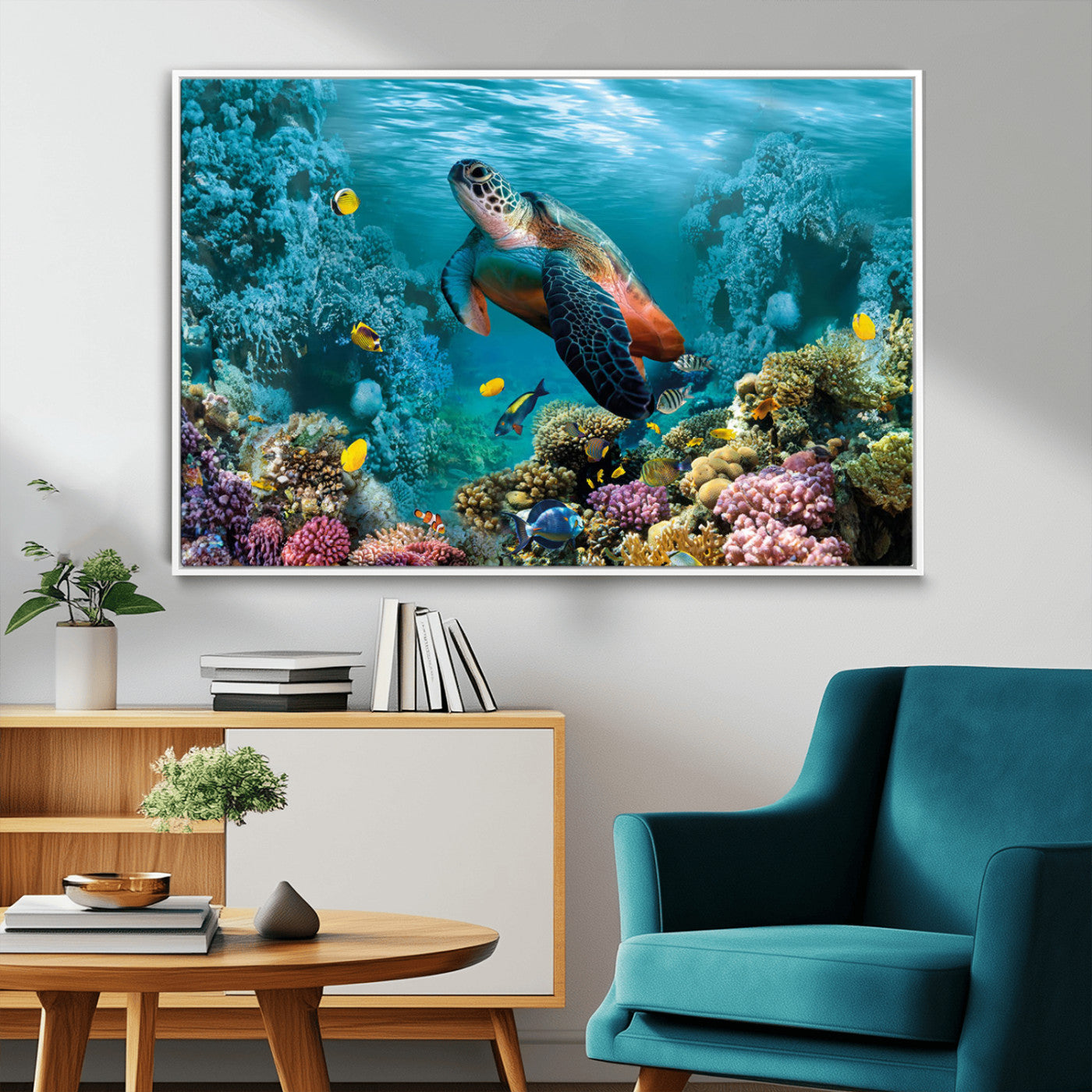 38661-MGV-FC-36X24_White-Sea Turtle Wall Art Canvas Print, Framed Ocean Wildlife Art Picture Print, Turtle Perfect Coastal Nature Decor Artwork