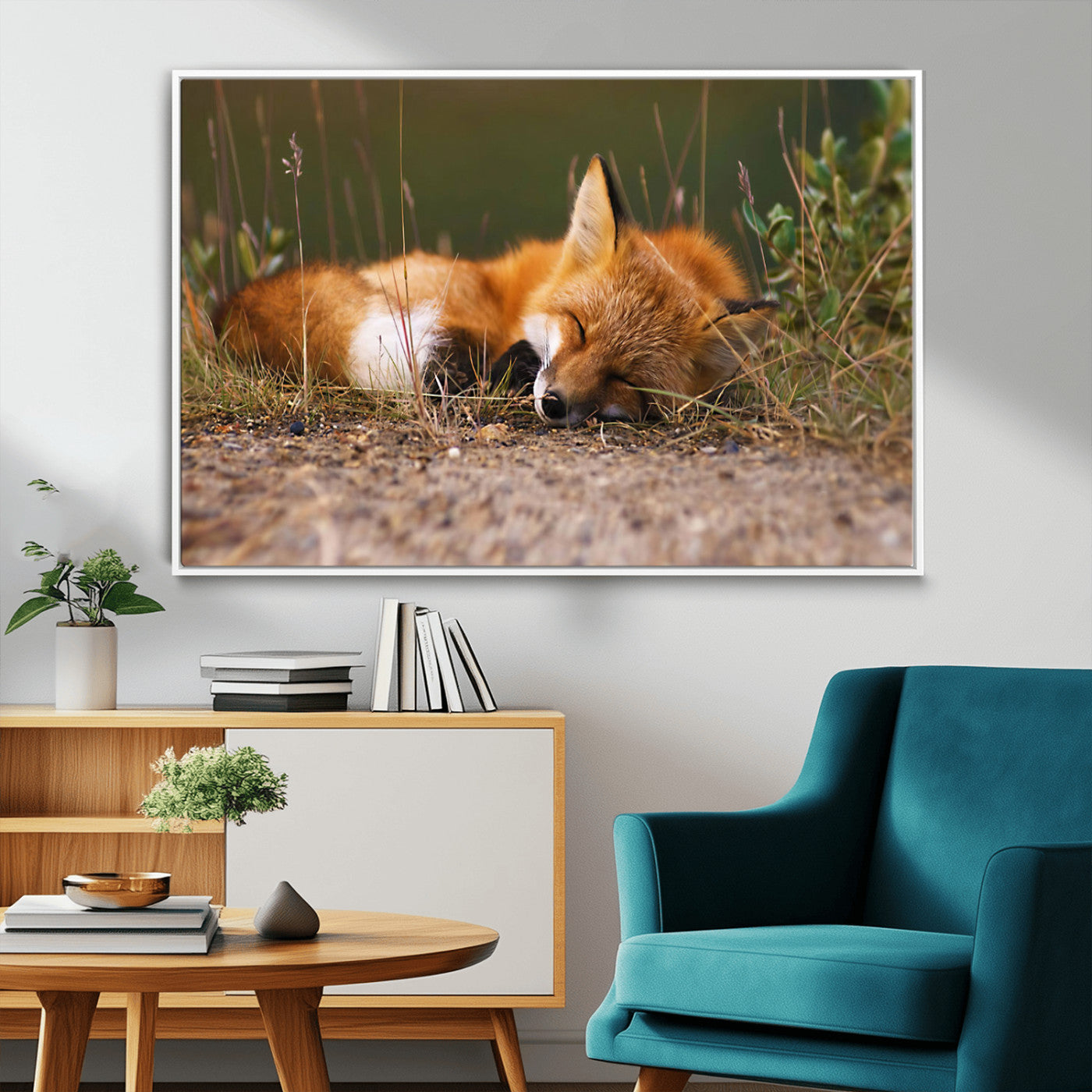 25085-MGV-CV-36X24-Sleeping Fox Wall Art Canvas Print, Framed Rustic Fox Art Picture Print, Wildlife Animal Perfect Rustic Farmhouse Decor Artwork