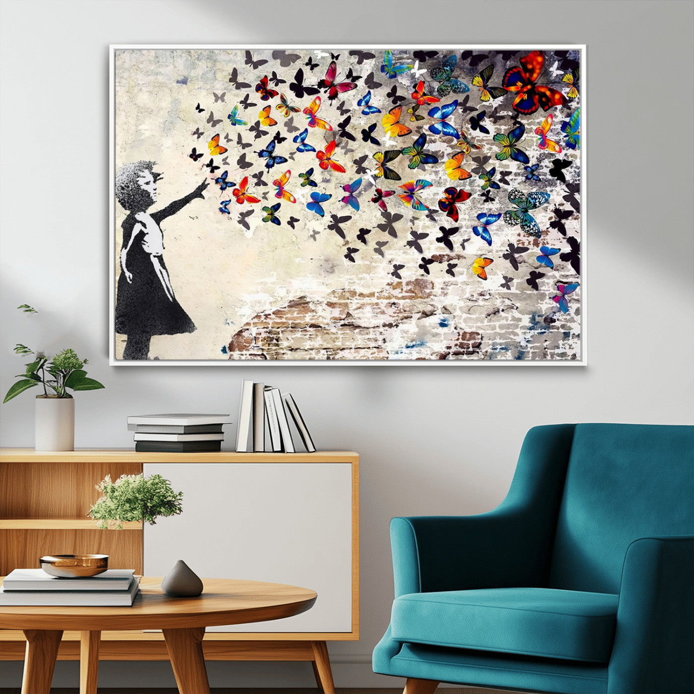 97895-MGV-CV-36X24-Girl with Butterflies Wall Art – Colorful Street Art Style Canvas Print, Modern Graffiti-Inspired Butterfly Artwork for Living