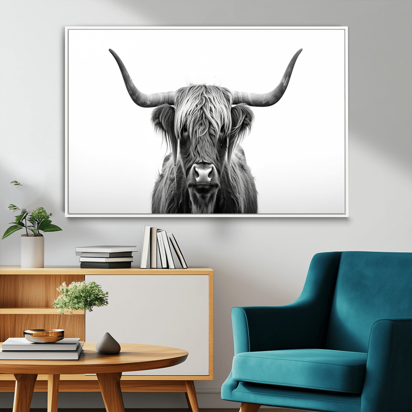 49556-MGV-FC-36X24_White-Highland Cow Wall Art – Black and White Scottish Highland Cattle Print, Rustic Farmhouse Minimalist Animal Portrait Canvas for
