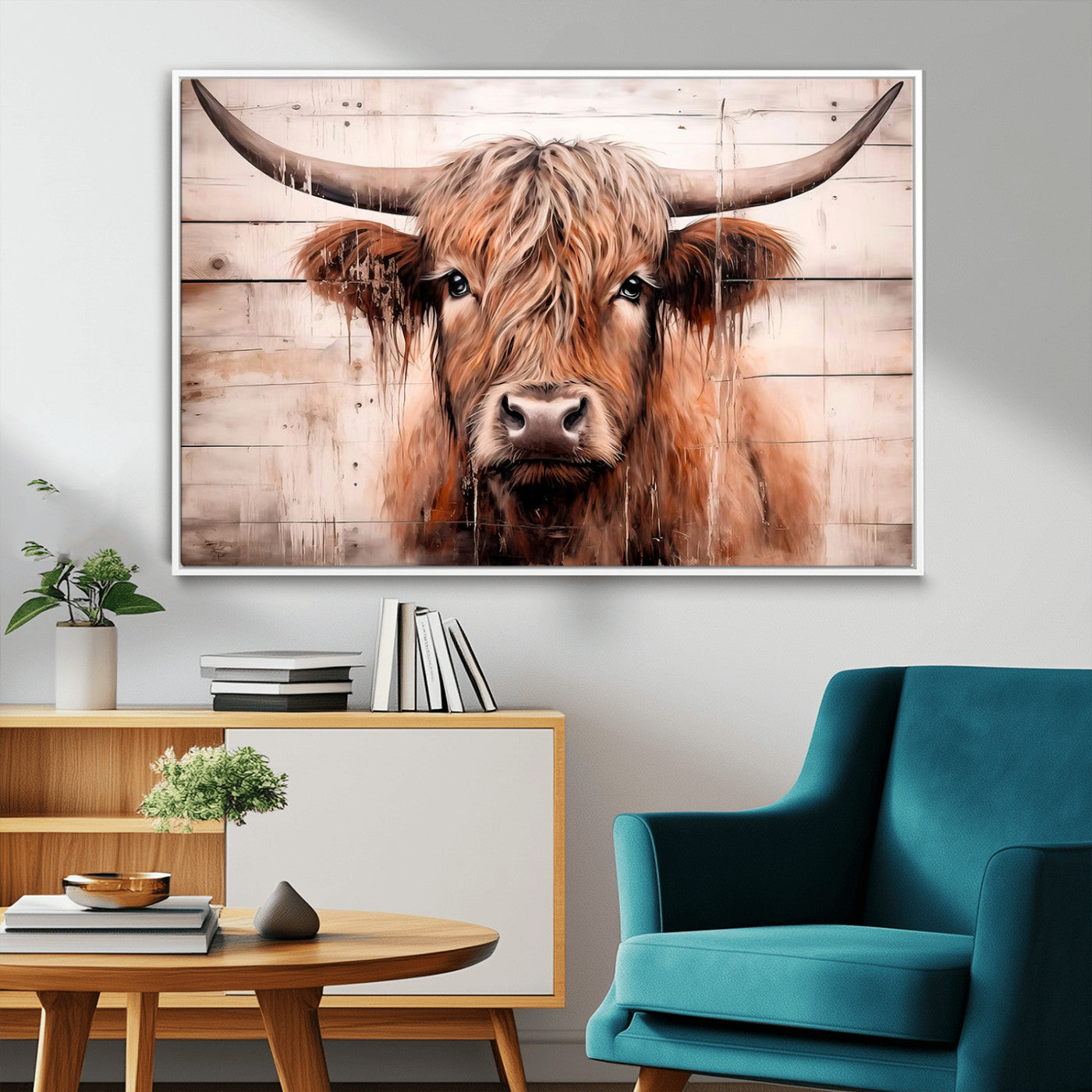 93730-MGV-CV-36X24-Scottish Cow Wall Art Canvas Print, Framed Longhorn Cow Art Picture Print, Highland Cattle Perfect Rustic Farmhouse Decor Artwork