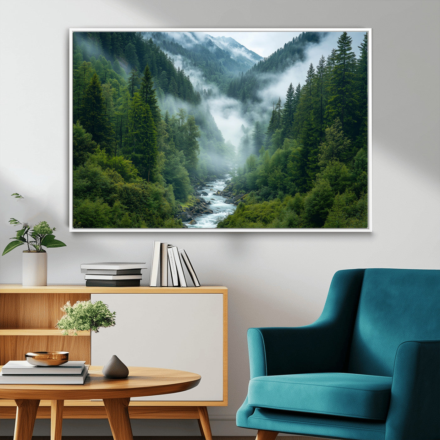 69453-MGV-CV-36X24-Mountain Forest Wall Art – Misty River and Evergreen Landscape Canvas Print, Nature Photography Poster for Living Room, Bedroom,