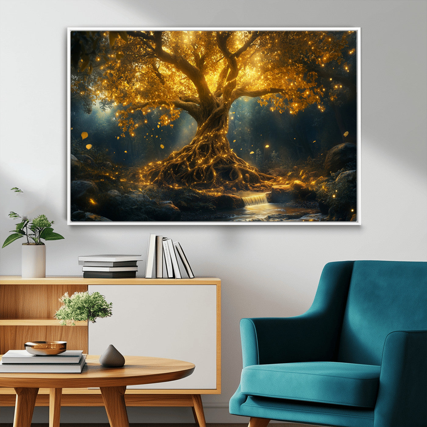 92739-MGV-FC-36X24_White-Glowing Tree Wall Art – Enchanted Golden Forest Canvas Print, Mystical Illuminated Nature Painting Poster for Living Room,