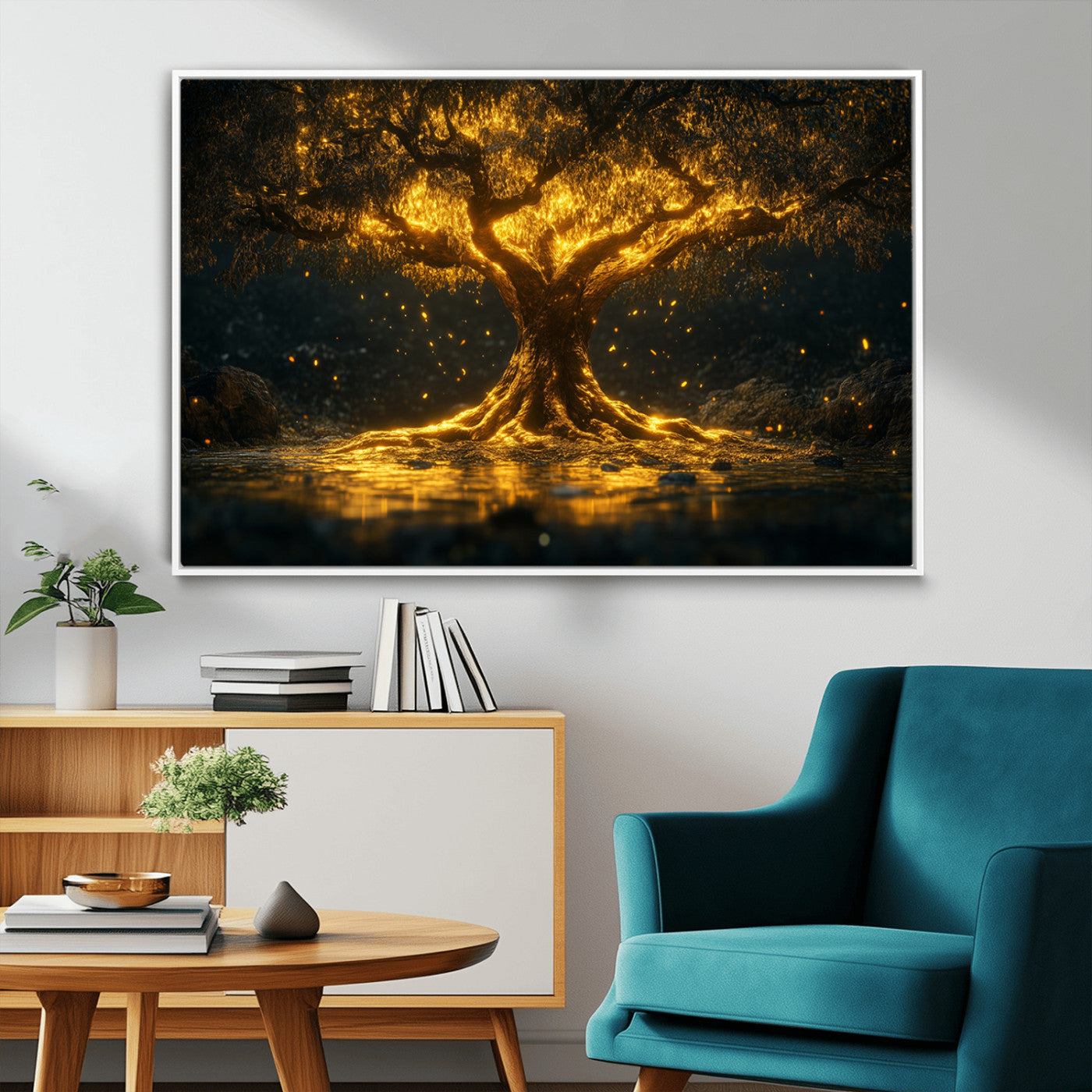 59580-MGV-CV-36X24-Glowing Tree Wall Art – Golden Fantasy Nature Canvas Print, Mystical Illuminated Tree Painting Poster for Living Room, Bedroom,