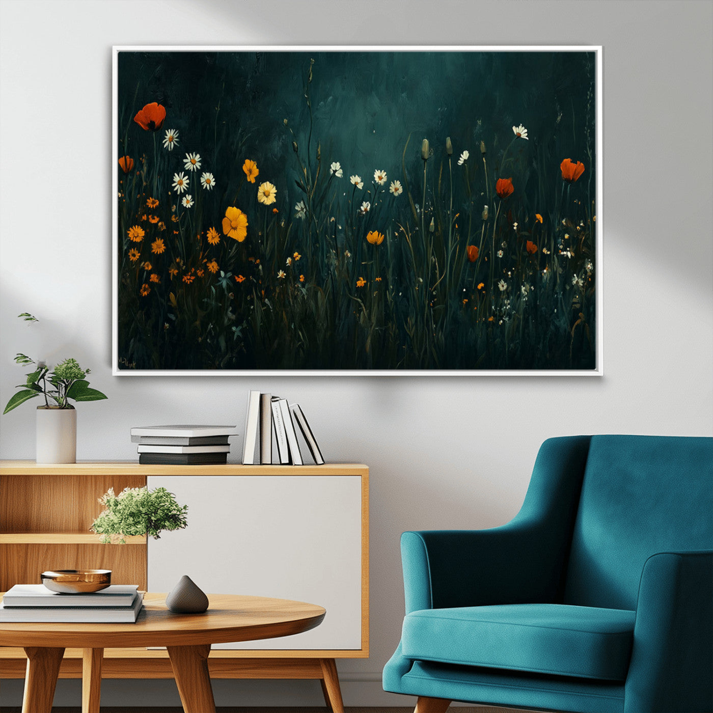 87037-MGV-FC-36X24_White-Wildflower Wall Art – Dark Botanical Floral Canvas Print, Modern Nature Painting Poster with Daisies Poppies Orange Flowers for