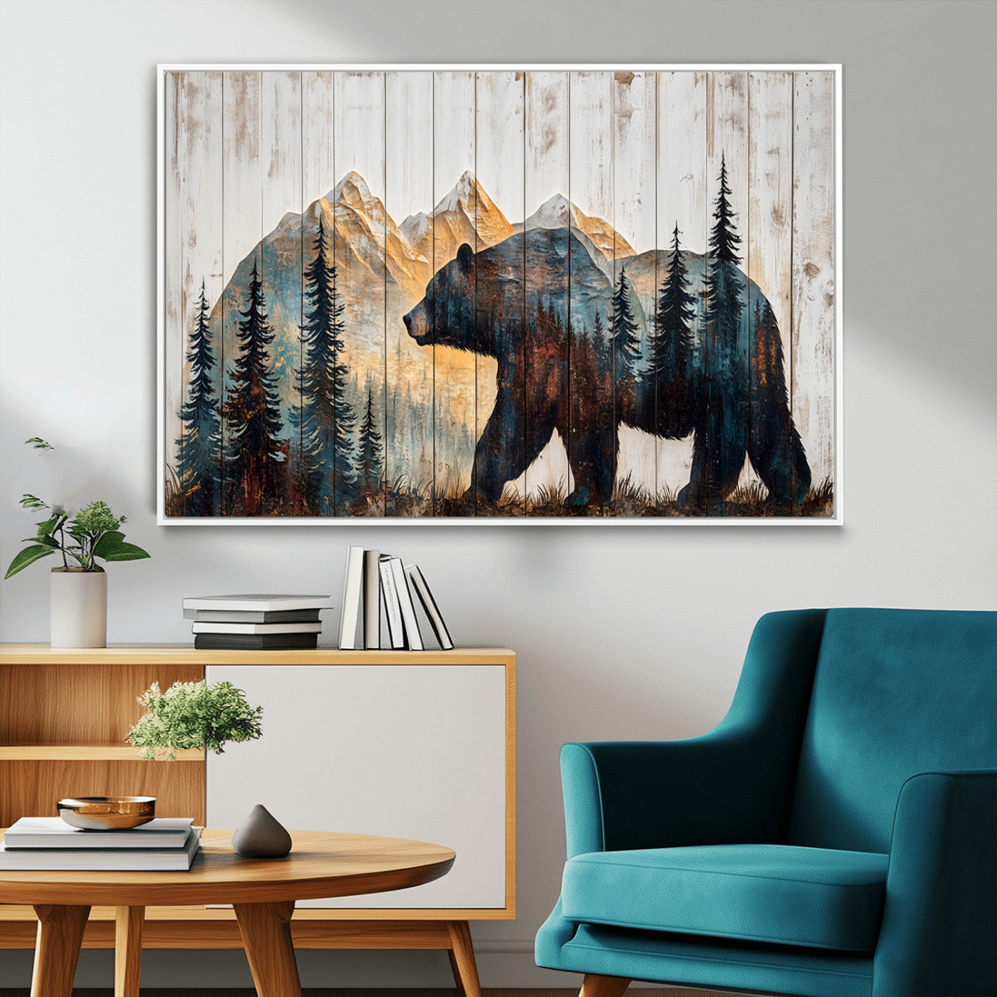 90077-MGV-CV-36X24-Wood Grizzly Bear Wall Art Canvas Print, Framed Abstract Bear Art Picture Print, Bear in Forest Perfect Rustic Lodge Decor Artwork