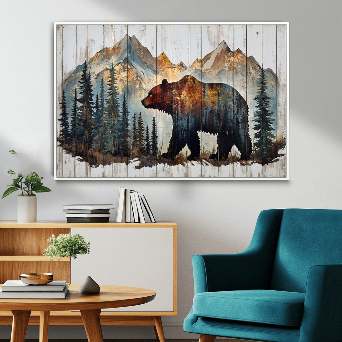 55777-MGV-CV-36X24-Rustic Bear Wall Art Canvas Print, Framed Mountain and Forest Art Picture Print, Wooden Bear Perfect Rustic Lodge Decor Artwork