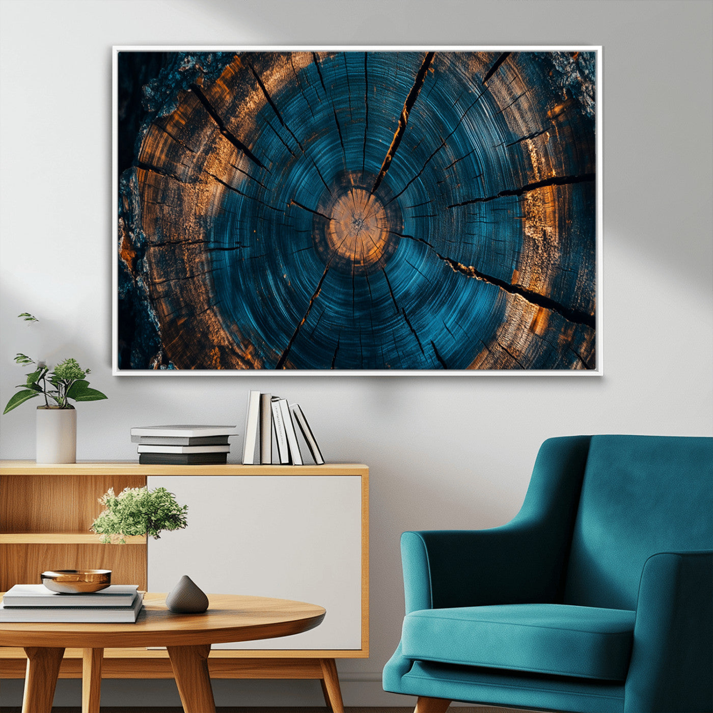65231-MGV-CV-36X24-Blue and Gold Tree Ring Wall Art – Rustic Abstract Wood Slice Canvas Print, Modern Nature Inspired Artwork for Living Room,