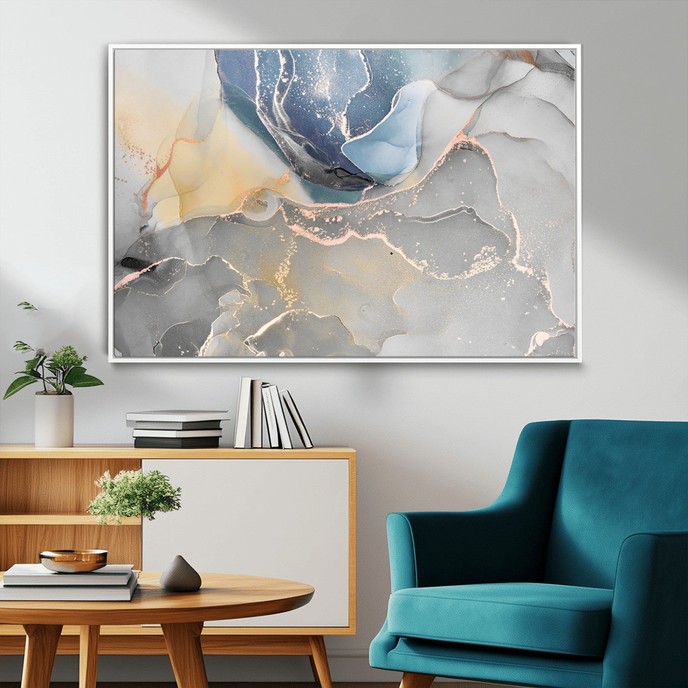 18176-MGV-FC-36X24_White-Abstract Fluid Wall Art – Modern Marble Ink Canvas Print with Blue, Gold, and Gray Tones, Contemporary Minimal Artwork Decor for