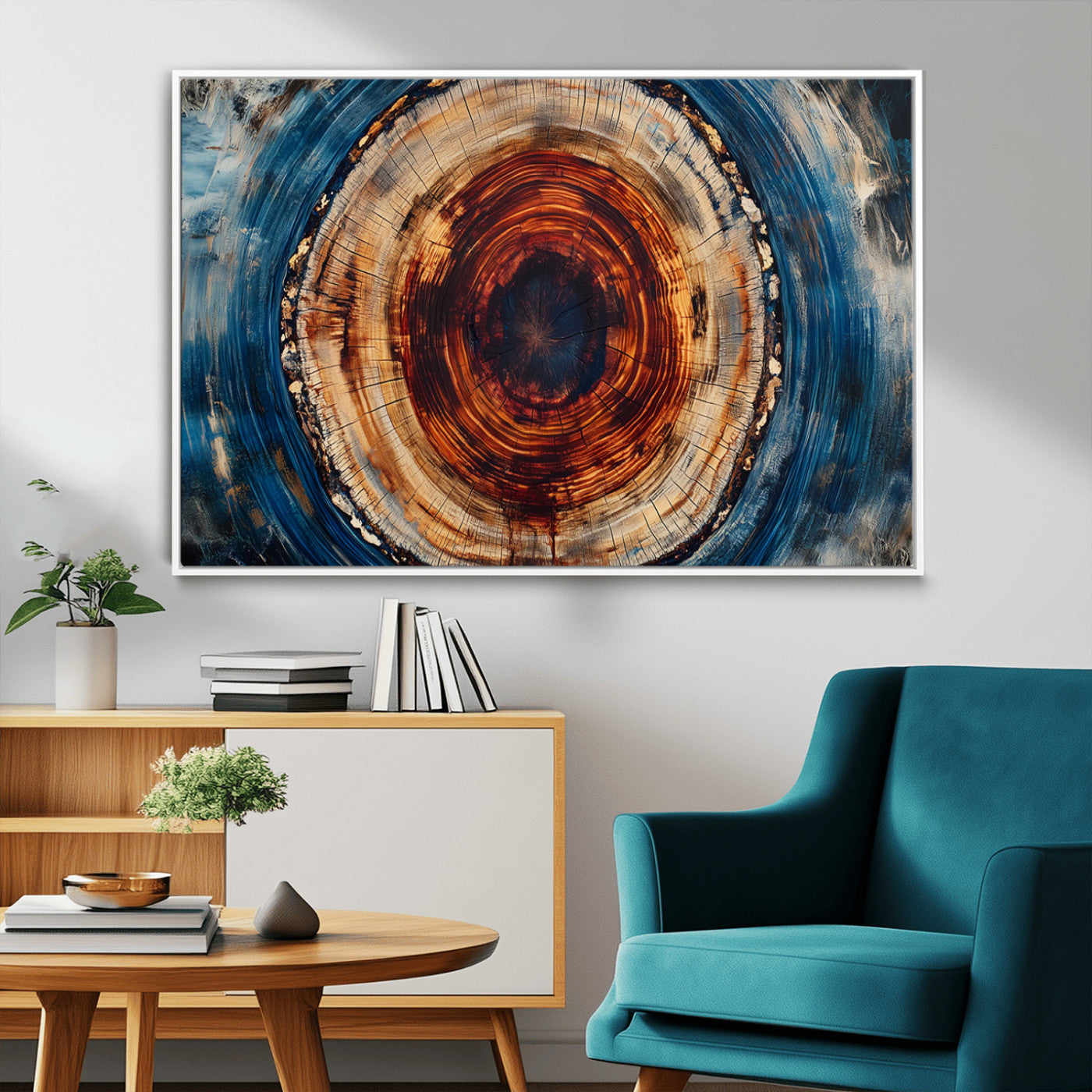 90395-MGV-FC-36X24_White-Tree Ring Wall Art – Abstract Wood Grain Canvas Print with Fiery Red and Blue Tones, Bold Rustic Nature Inspired Artwork Decor for