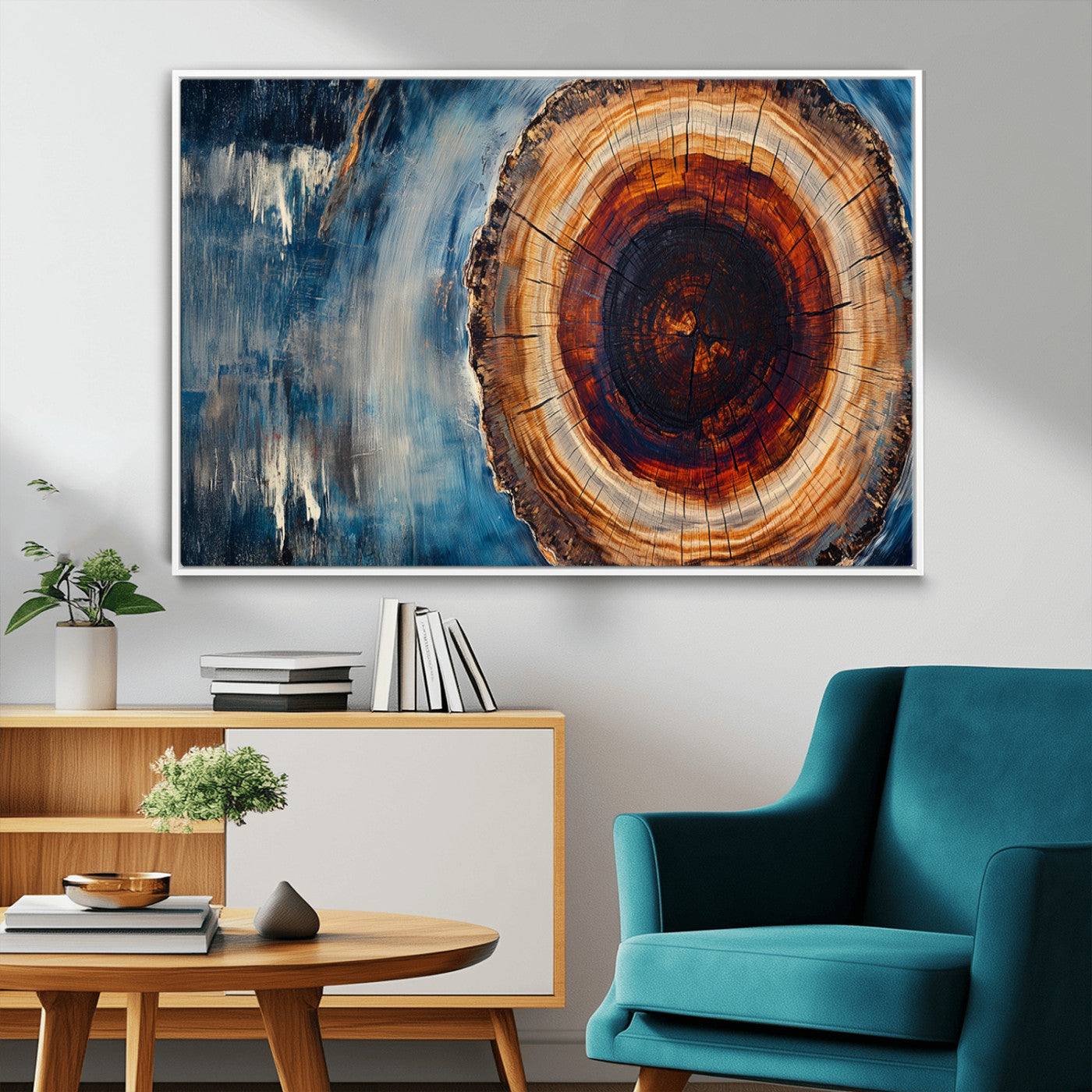 48045-MGV-CV-36X24-Tree Ring Abstract Wall Art – Rustic Wood Grain Canvas Print with Brown Center and Blue Brush Strokes, Nature Inspired Artwork for