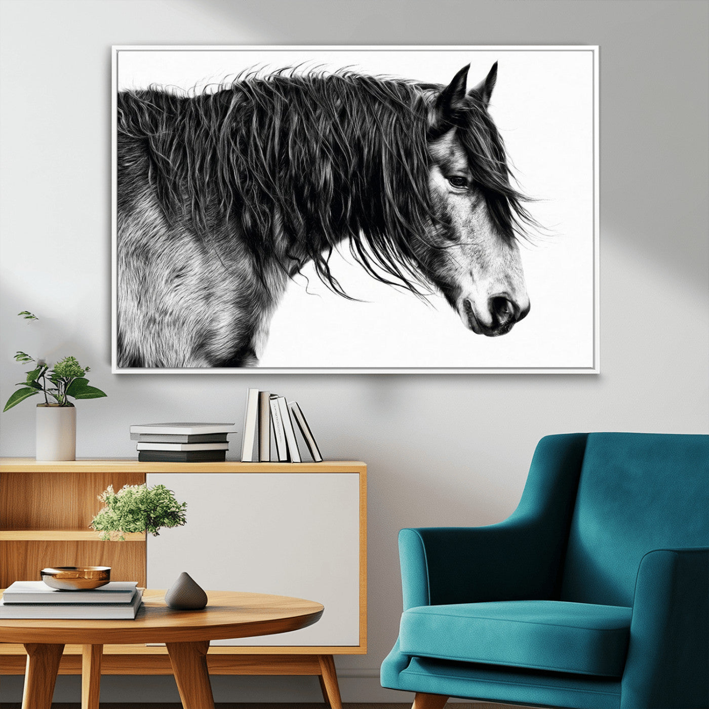 57694-MGV-FC-36X24_White-Horse Portrait Wall Art – Black and White Canvas Print with Detailed Stallion Profile, Rustic Farmhouse Equestrian Artwork for