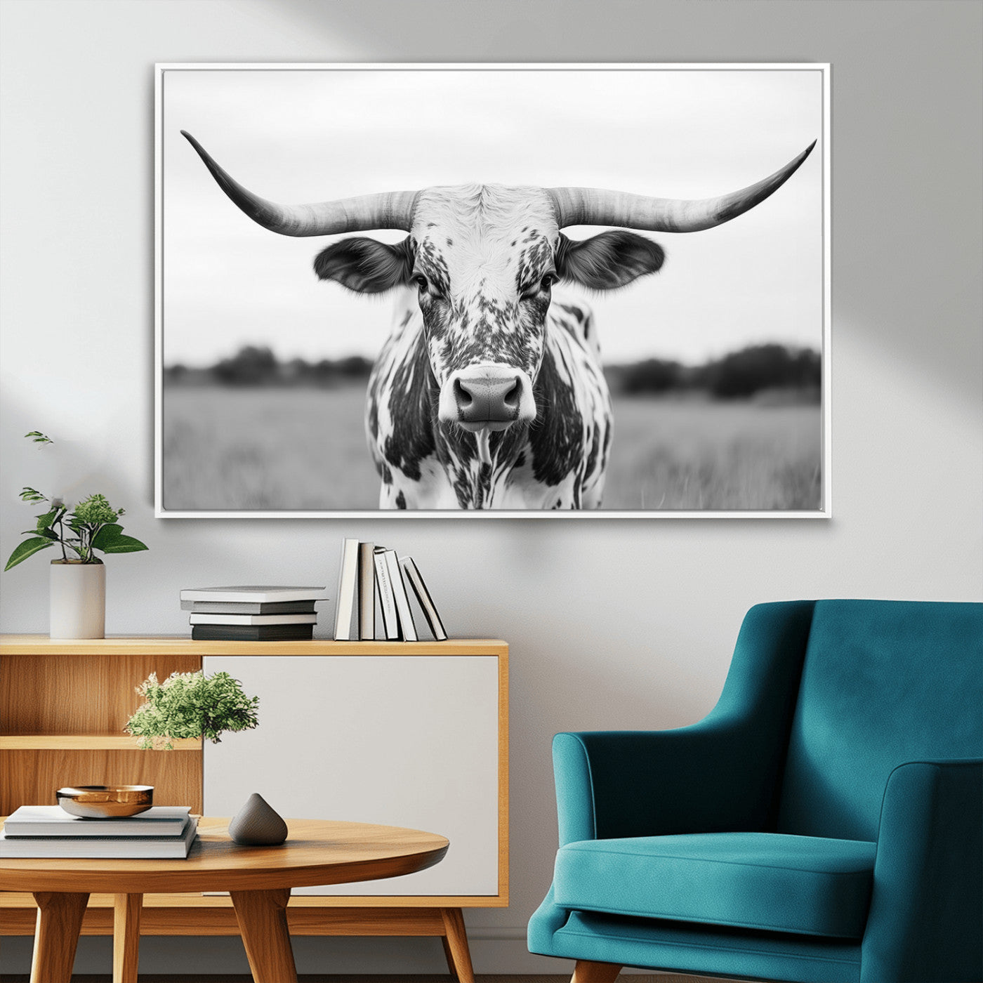 20272-MGV-CV-36X24-Texas Longhorn Wall Art – Black and White Cowboy Western Canvas Print, Rustic Farmhouse Cattle Photography Decor for Ranch, Barn