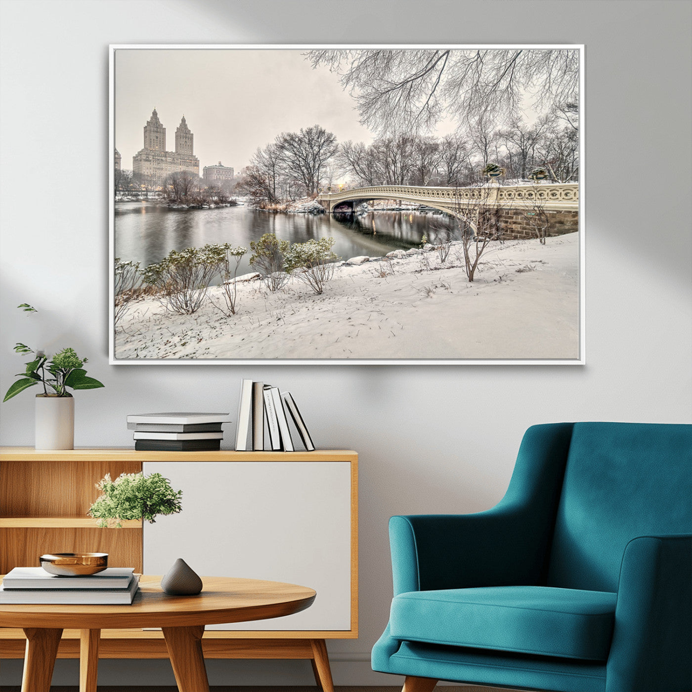 60292-MGV-FC-36X24_White-Central Park Winter Wall Art – Snowy Bow Bridge Canvas Print, Scenic New York City Landscape Photography for Living Room, Bedroom
