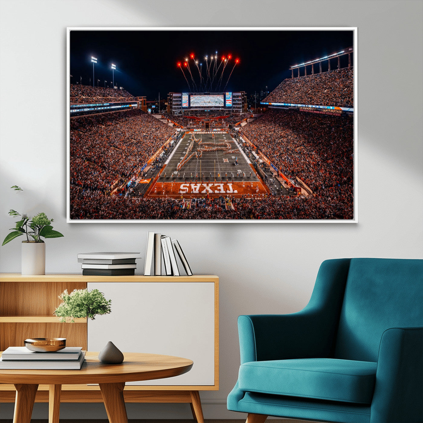 58778-MGV-FC-36X24_White-Texas Longhorns Stadium Wall Art – Panoramic Football Canvas Print with Game Day Crowd, Fireworks, Sports Artwork for Office or