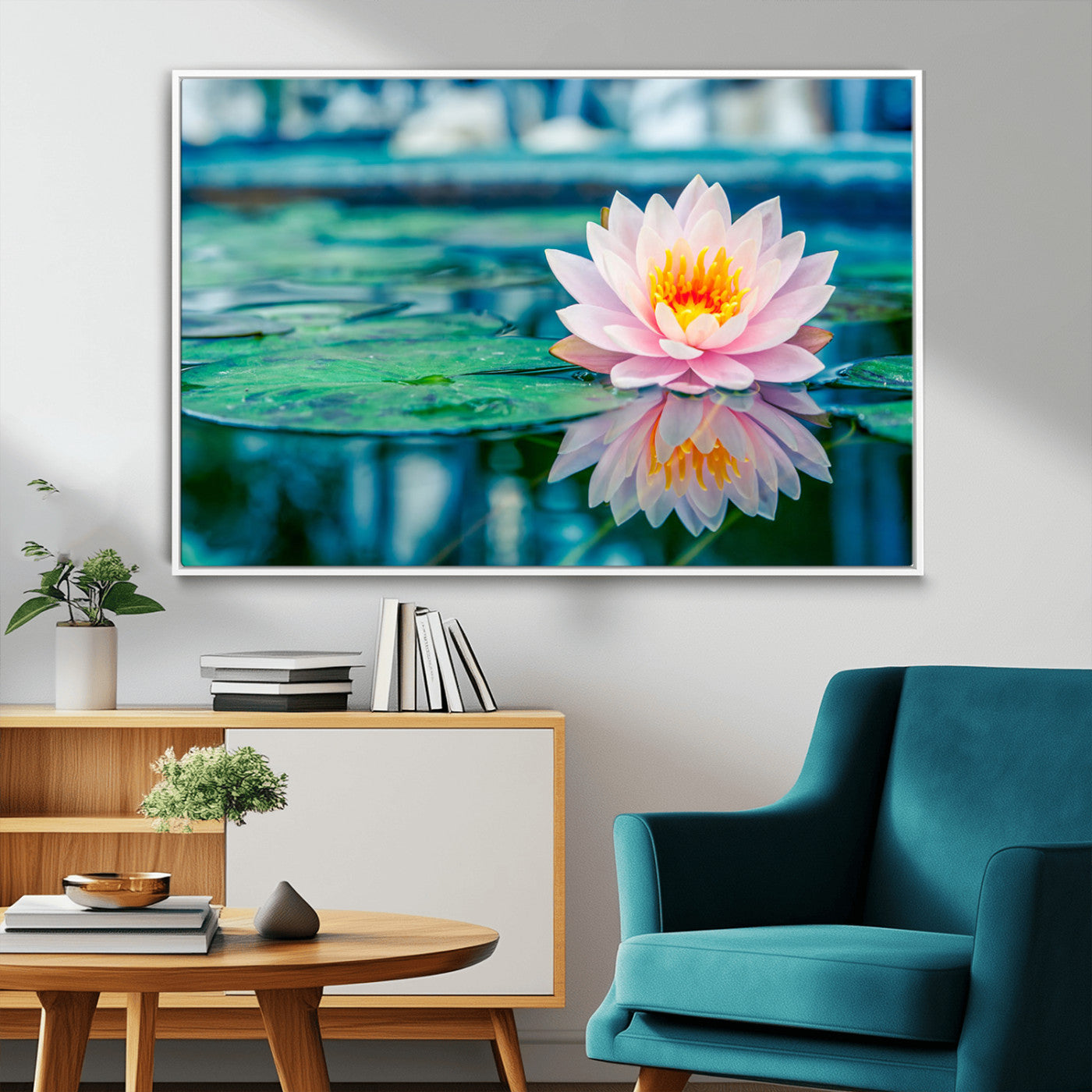 30320-MGV-FC-36X24_White-Pink Water Lily Wall Art – Lotus Flower Canvas Print with Reflection Water, Peaceful Botanical Artwork for Living Room, Bedroom,