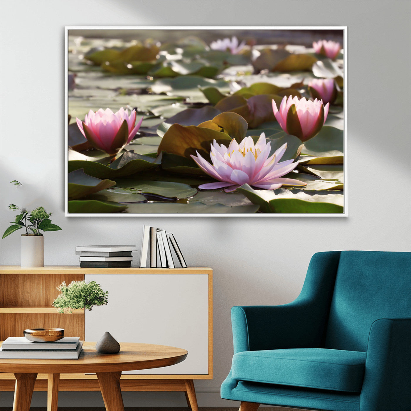 28394-MGV-CV-36X24-Water Lily Pond Wall Art – Pink Lotus Flowers Canvas Print with Green Lily Pads, Peaceful Botanical Artwork for Living Room,