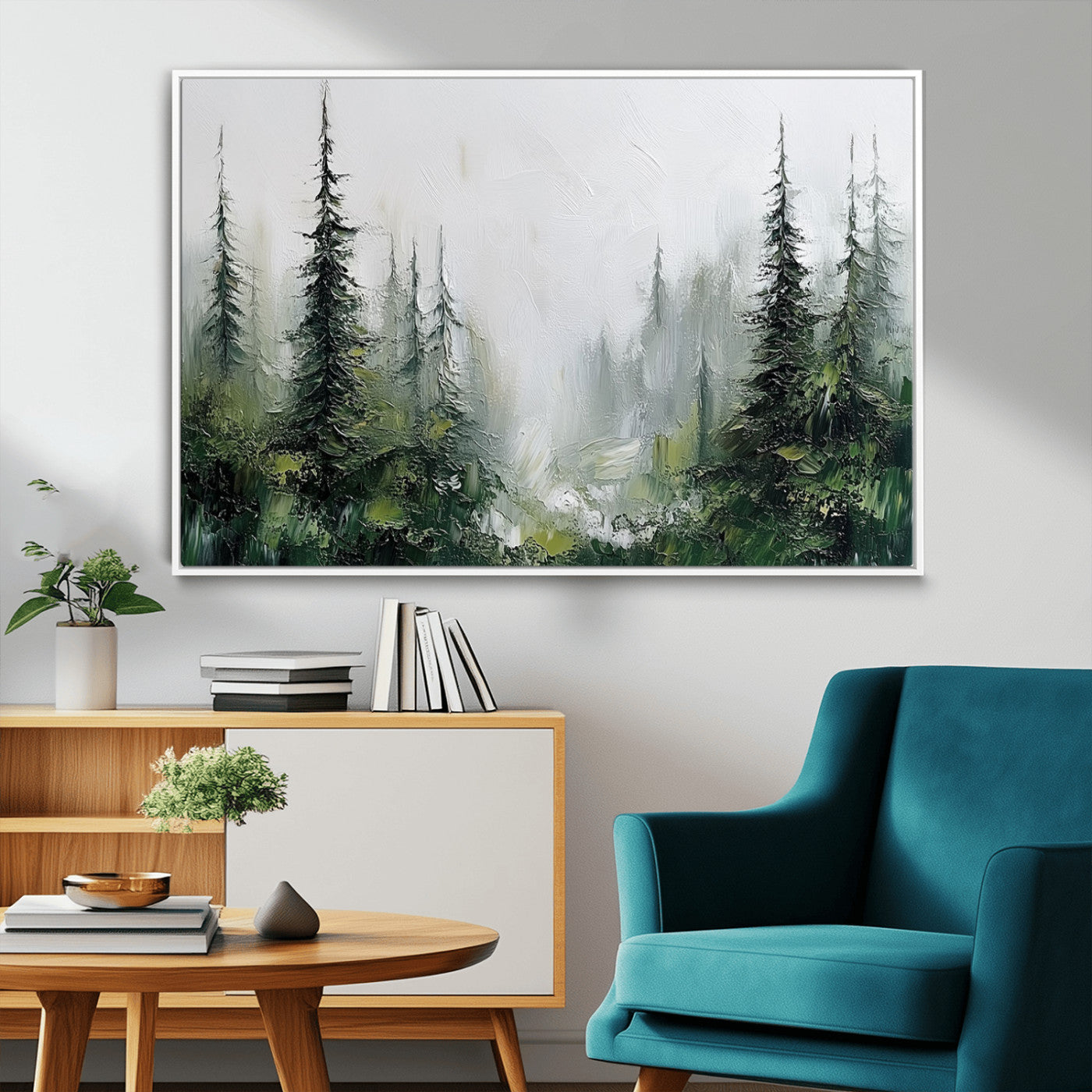 76014-MGV-CV-36X24-Forest Wall Art – Textured Canvas Print Featuring Misty Evergreen Pines and Woodland Landscape, Rustic Nature Artwork for Living