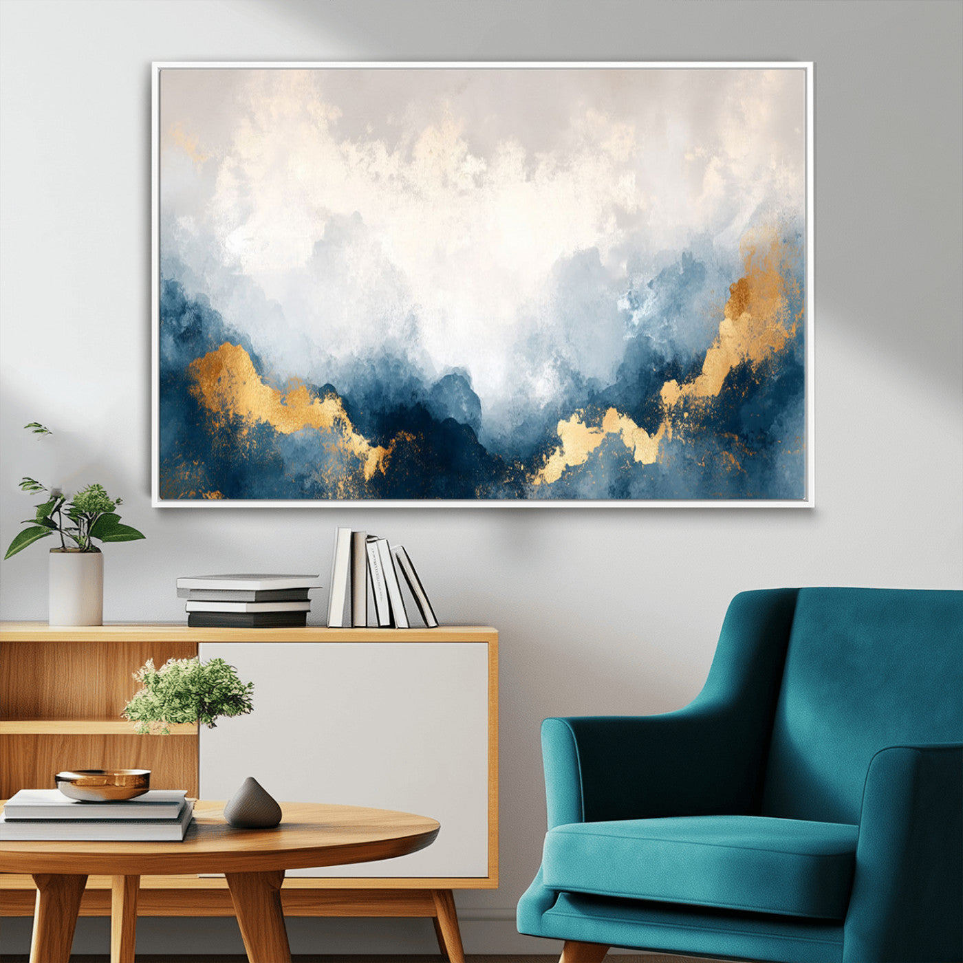 14578-MGV-CV-36X24-Abstract Wall Art – Modern Canvas Print Featuring Blue and White Clouds with Golden Accents, Contemporary Elegant Artwork for