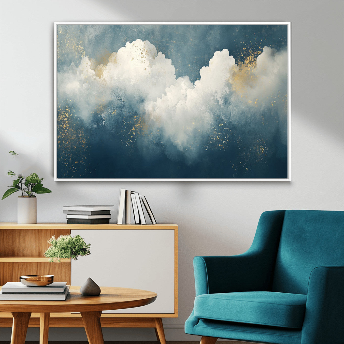 75131-MGV-FC-36X24_White-Abstract Cloud Wall Art – Modern Canvas Print Featuring Blue and White Clouds with Golden Accents, Contemporary Artwork for Living
