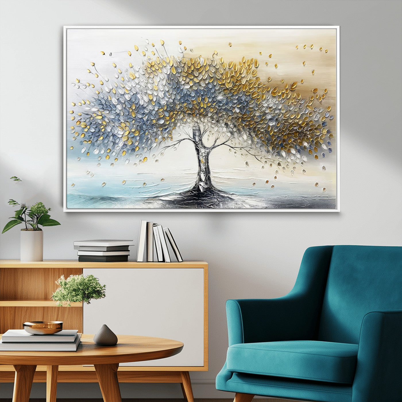 24771-MGV-FC-36X24_White-Silver Tree Wall Art Canvas Print, Framed Golden Leaves Art Picture Print, Metallic Tree Perfect Minimalist Luxury Decor Artwork