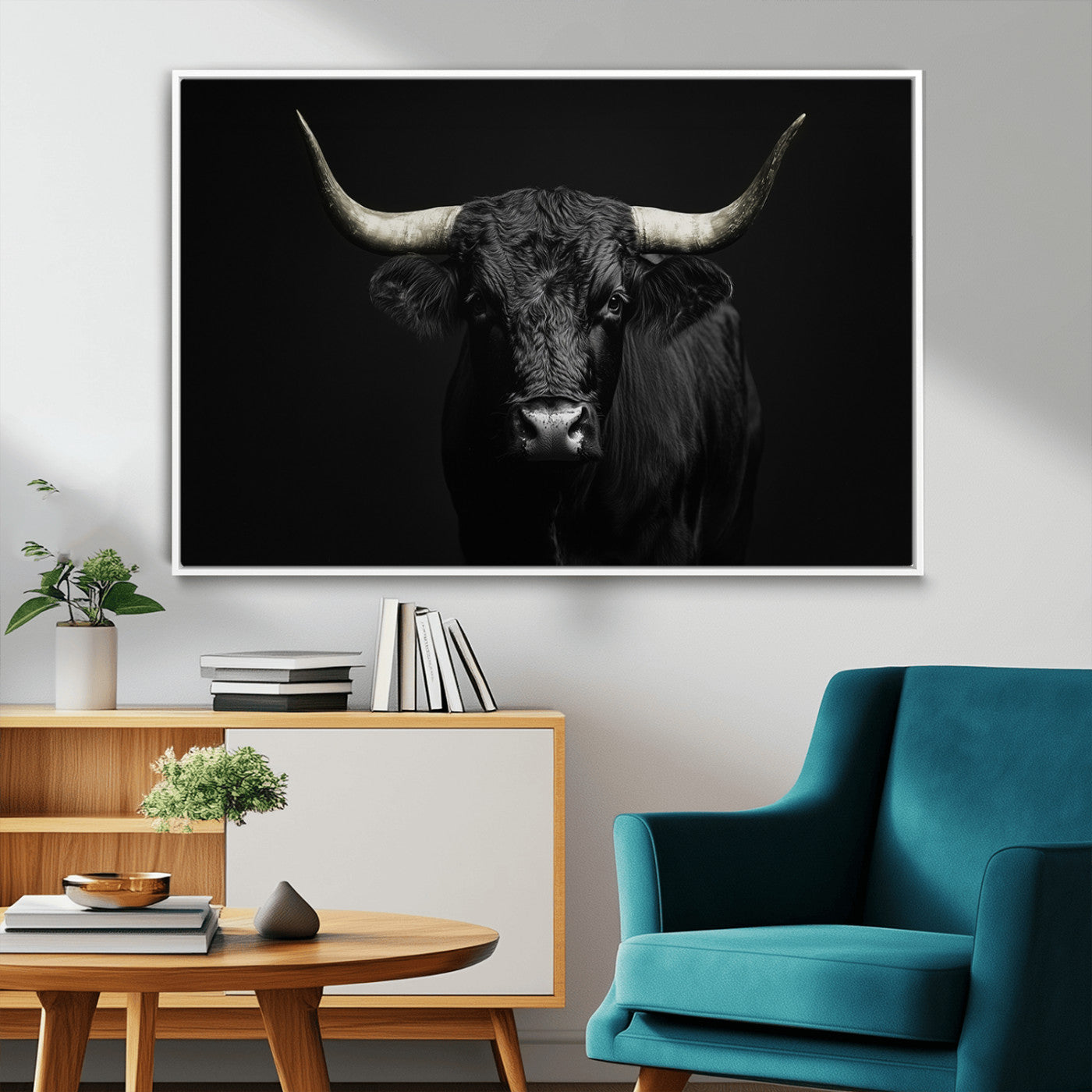 97914921-MGV-FC-36X24_White-Black Bull Wall Art Canvas Print, Framed Longhorn Bull Art Picture Print, Western Bull Perfect Monochrome Western Decor Artwork