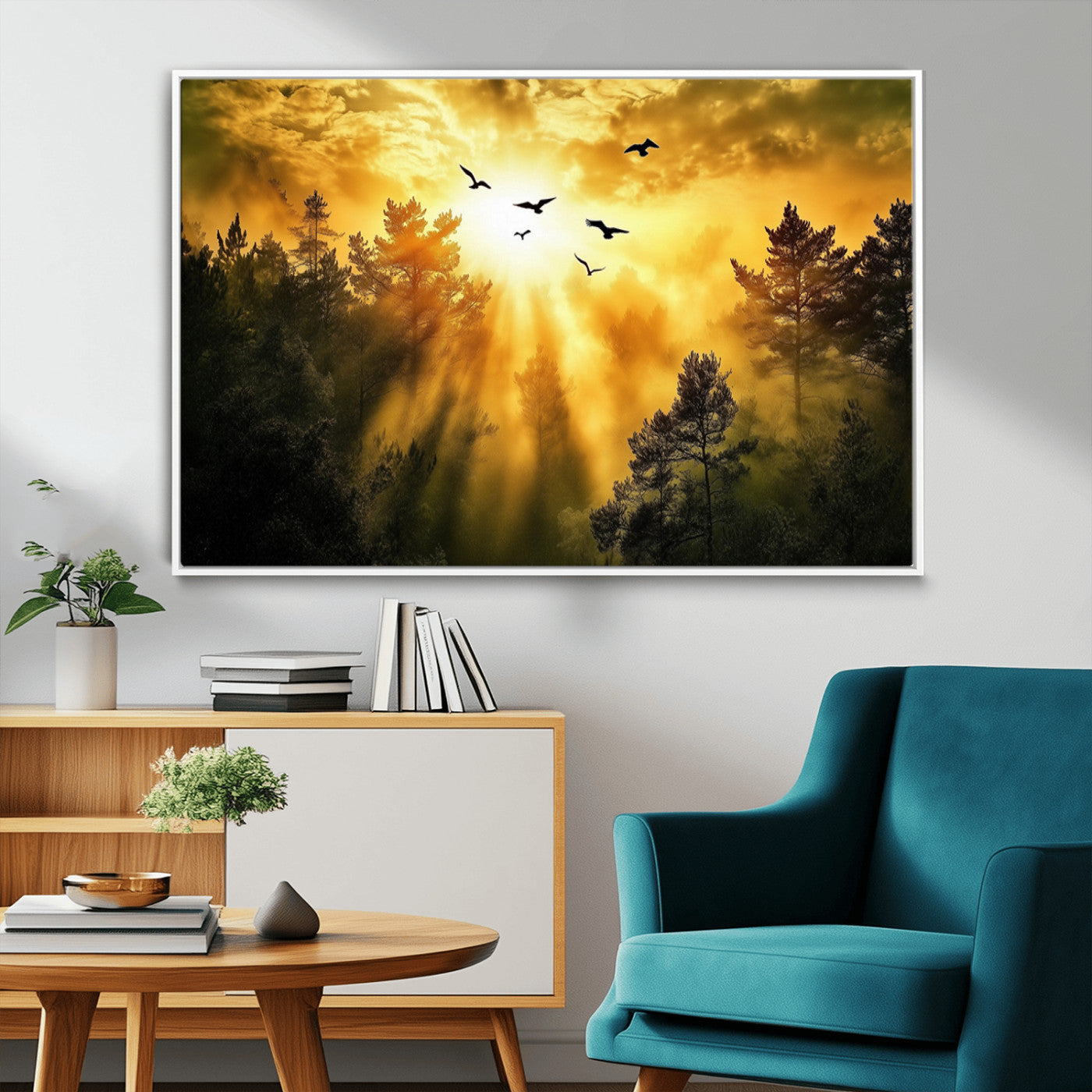 13776802-MGV-CV-36X24-Golden Forest Wall Art Canvas Print, Framed Sunset Pines Art Picture Print, Flying Birds Perfect Nature Glow Decor Artwork