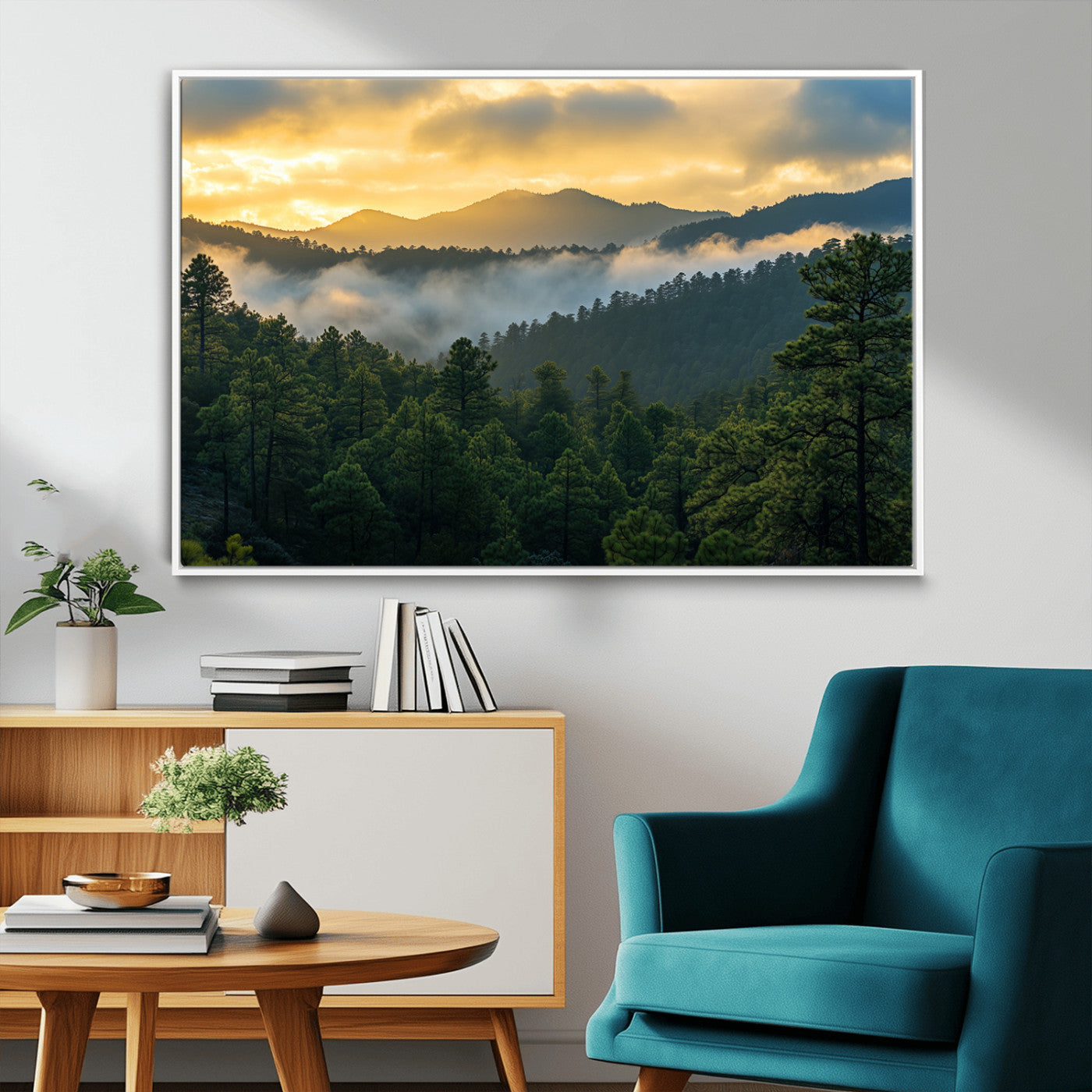 68082278-MGV-FC-36X24_White-Mountain Sunrise Wall Art Canvas Print, Framed Pine Forest Art Picture Print, Misty Mountains Perfect Earthy Woodland Decor