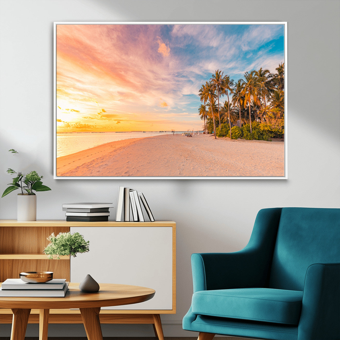 41542880-MGV-FC-36X24_White-Tropical Beach Wall Art Canvas Print, Framed Palm Trees Art Picture Print, Sunset Shore Perfect Tropical Coastal Decor Artwork