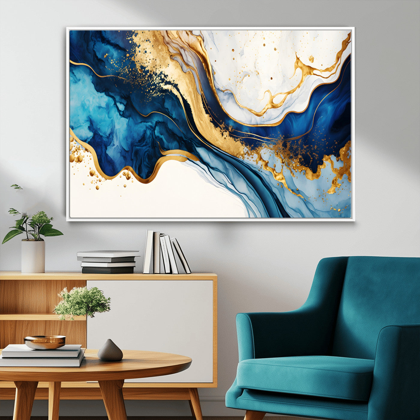 60283636-MGV-FC-36X24_White-Blue Gold Flow Wall Art Canvas Print, Framed Marble Texture Art Picture Print, Elegant Splash Perfect Elegant Abstract Decor