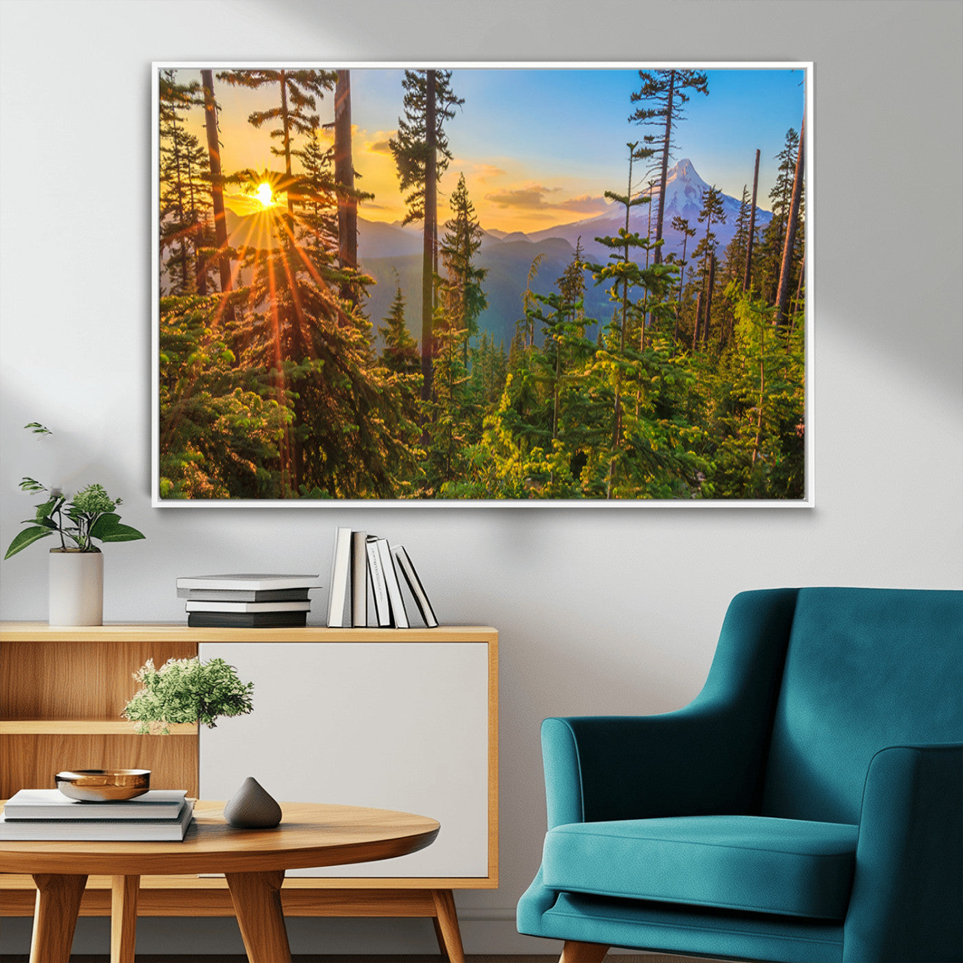 83544043-MGV-FC-36X24_White-Forest Sunset Wall Art Canvas Print, Framed Sunset Trees Art Picture Print, Green Pines Perfect Rustic Nature Decor Artwork