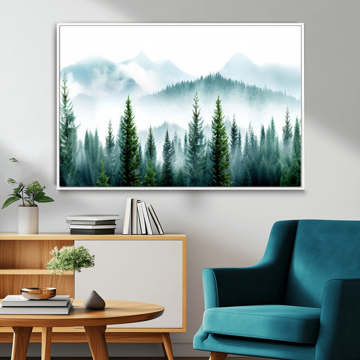 16716676-MGV-CV-36X24-Pine Forest Wall Art Canvas Print, Framed Misty Mountains Art Picture Print, Foggy Trees Perfect Moody Forest Decor Artwork