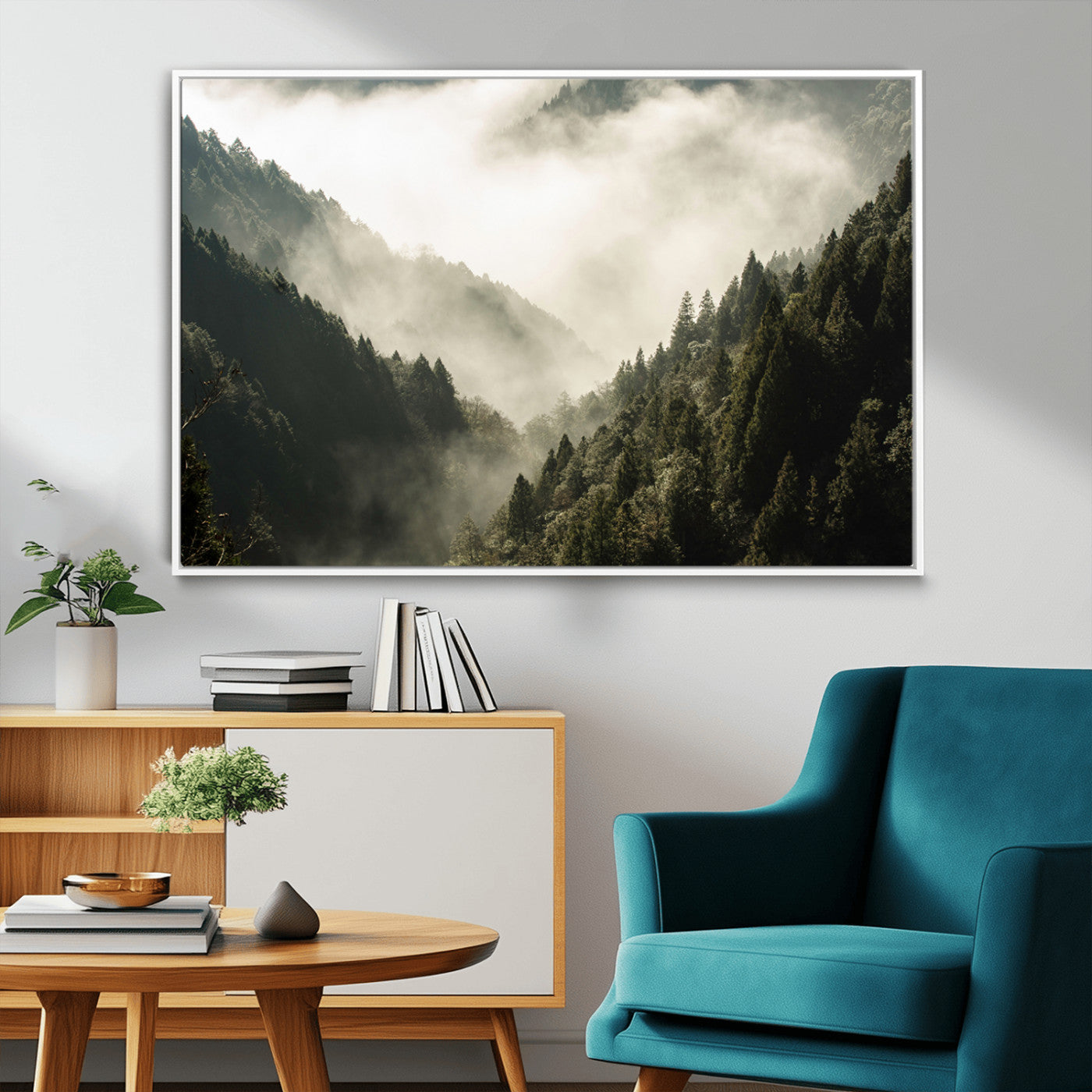 57570237-MGV-FC-36X24_White-Misty Valley Wall Art Canvas Print, Framed Foggy Forest Art Picture Print, Pine Trees Perfect Moody Woodland Decor Artwork