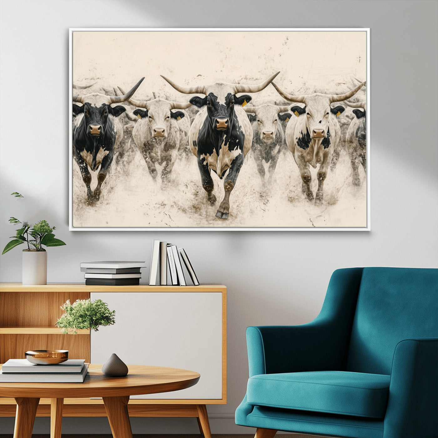 61538944-MGV-FC-36X24_White-Texas Longhorn Wall Art Canvas Print, Framed Cattles Walking Art Picture Print, Black White Bulls Perfect Rustic Western Decor
