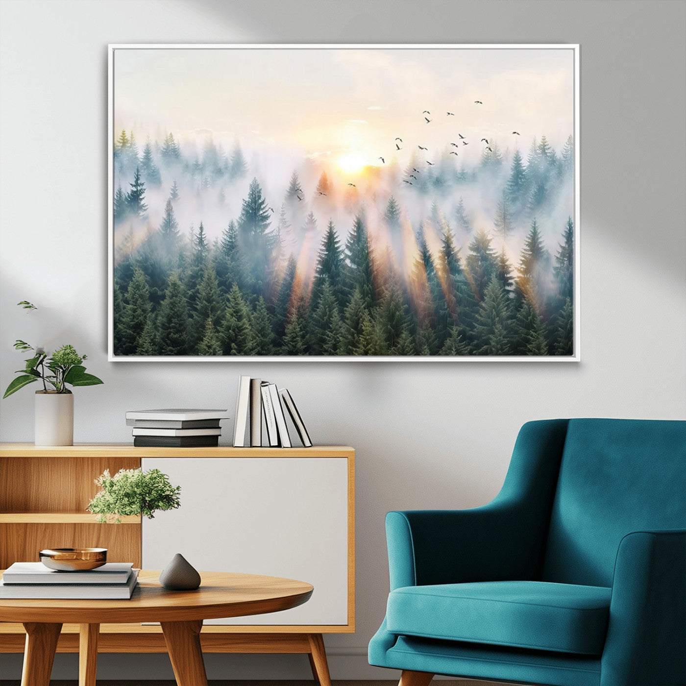 92718976-MGV-FC-36X24_White-Misty Forest Wall Art Canvas Print, Framed Sunrise Pines Art Picture Print, Foggy Woodland Perfect Moody Woodland Decor Artwork