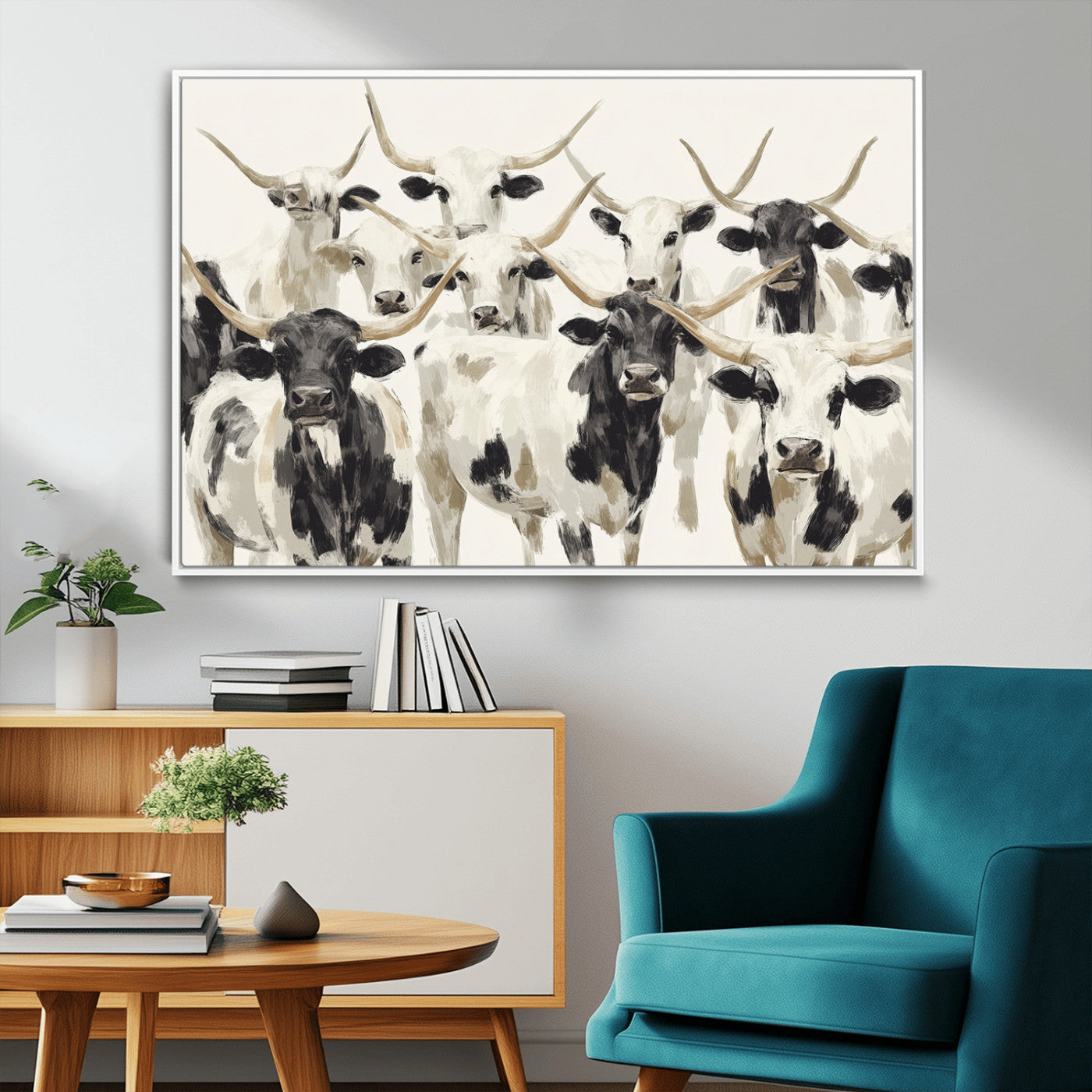 52947970-MGV-CV-36X24-Texas Longhorn Wall Art Canvas Print, Framed Cattle Herd Art Picture Print, Herd Portrait Perfect Modern Farmhouse Decor Artwork