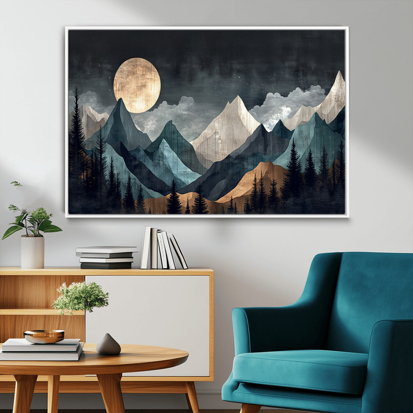 11060882-MGV-CV-36X24-Moonlit Mountains Wall Art Canvas Print, Framed Forest Silhouette Art Picture Print, Night Landscape Perfect Modern Forest Decor
