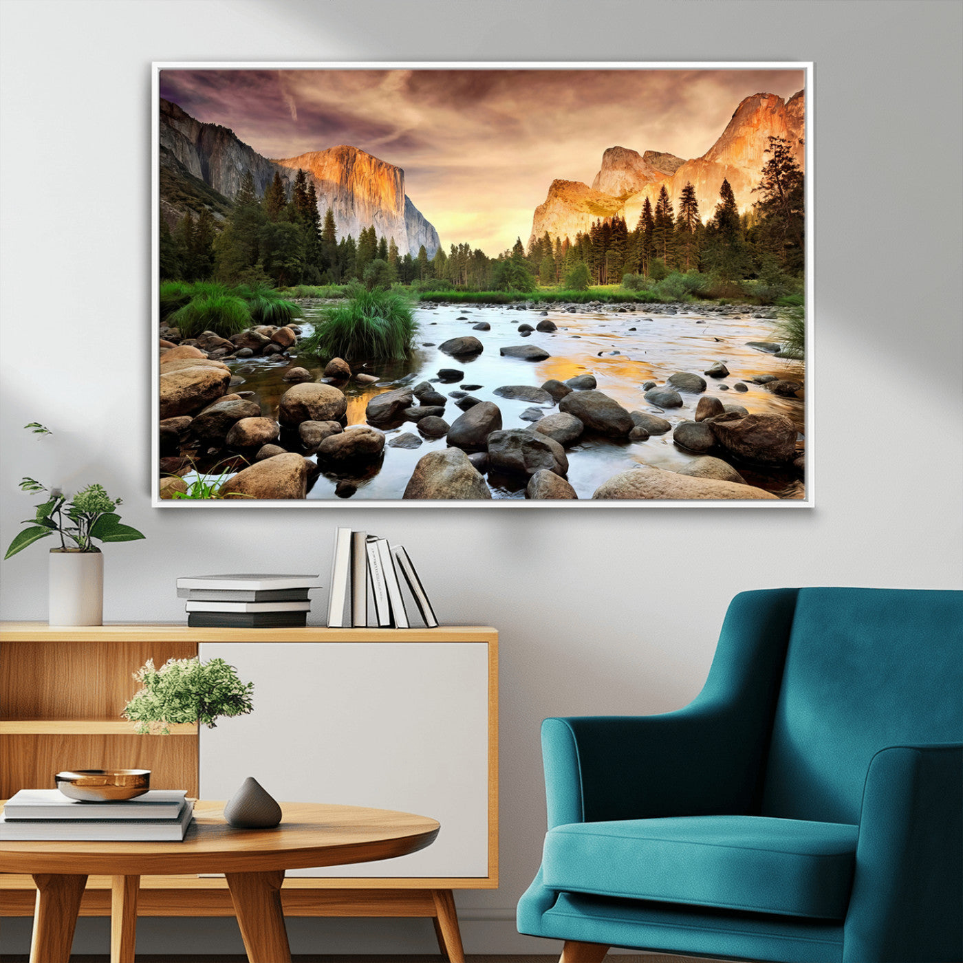 90956031-MGV-FC-36X24_White-Yosemite Valley Wall Art – Scenic Mountain River Landscape Canvas Print, Nature Photography for Living Room, Bedroom, Cabin,