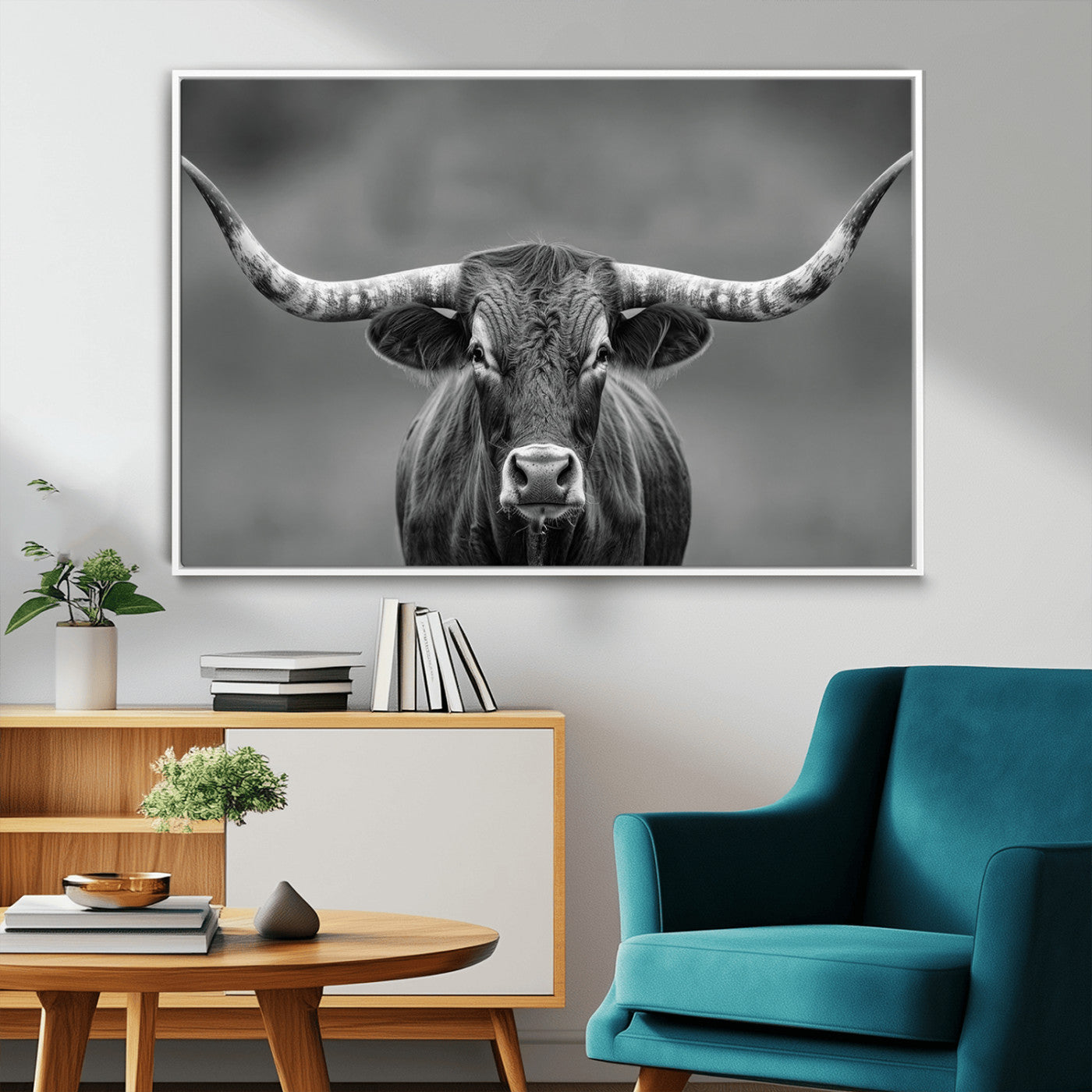 81228550-MGV-CV-36X24-Framed Texas Longhorn Bull Art Canvas Print, Western Bull Wall Art Print, Long Horn Bull Photo Print for Log Cabin, Large Bull